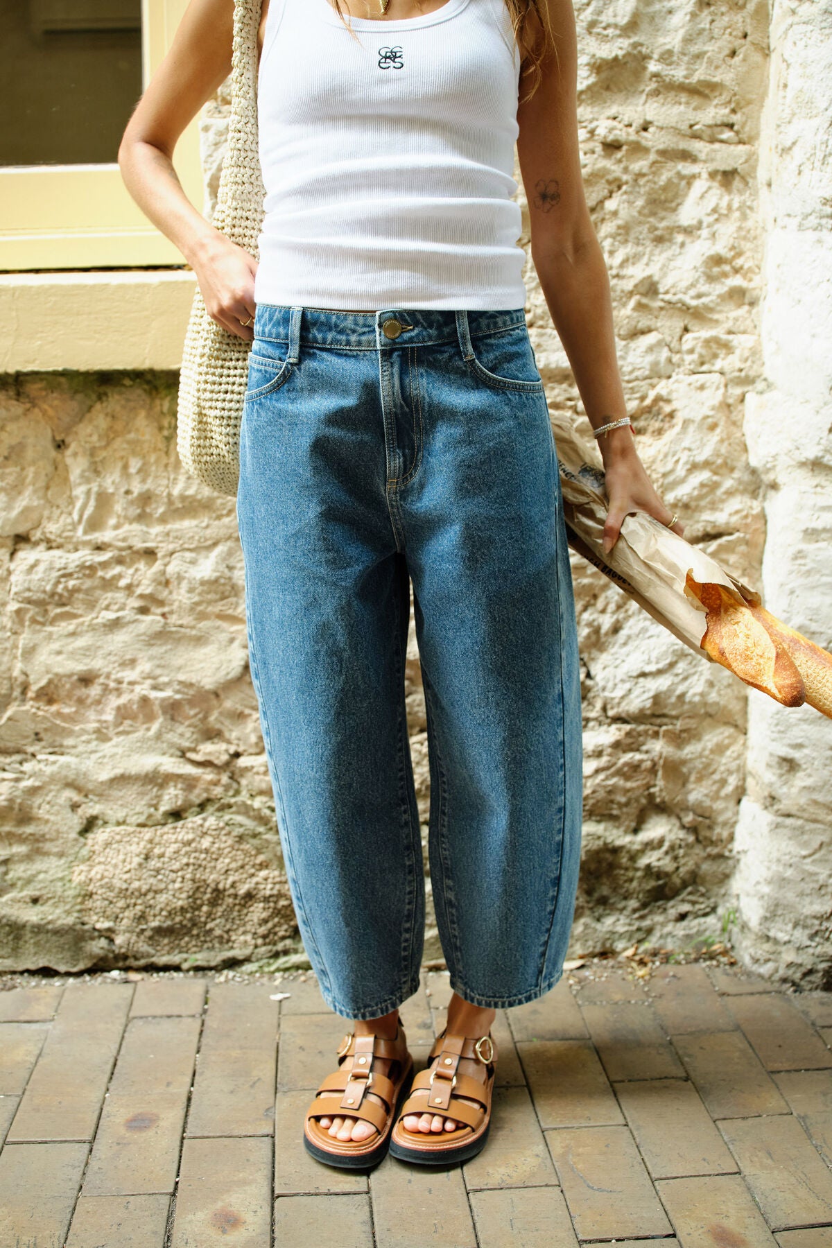 Ceres Life Maggie Tapered Barrel Jean in Fresh Indigo denim, showing the fitted waist and tapered leg style.