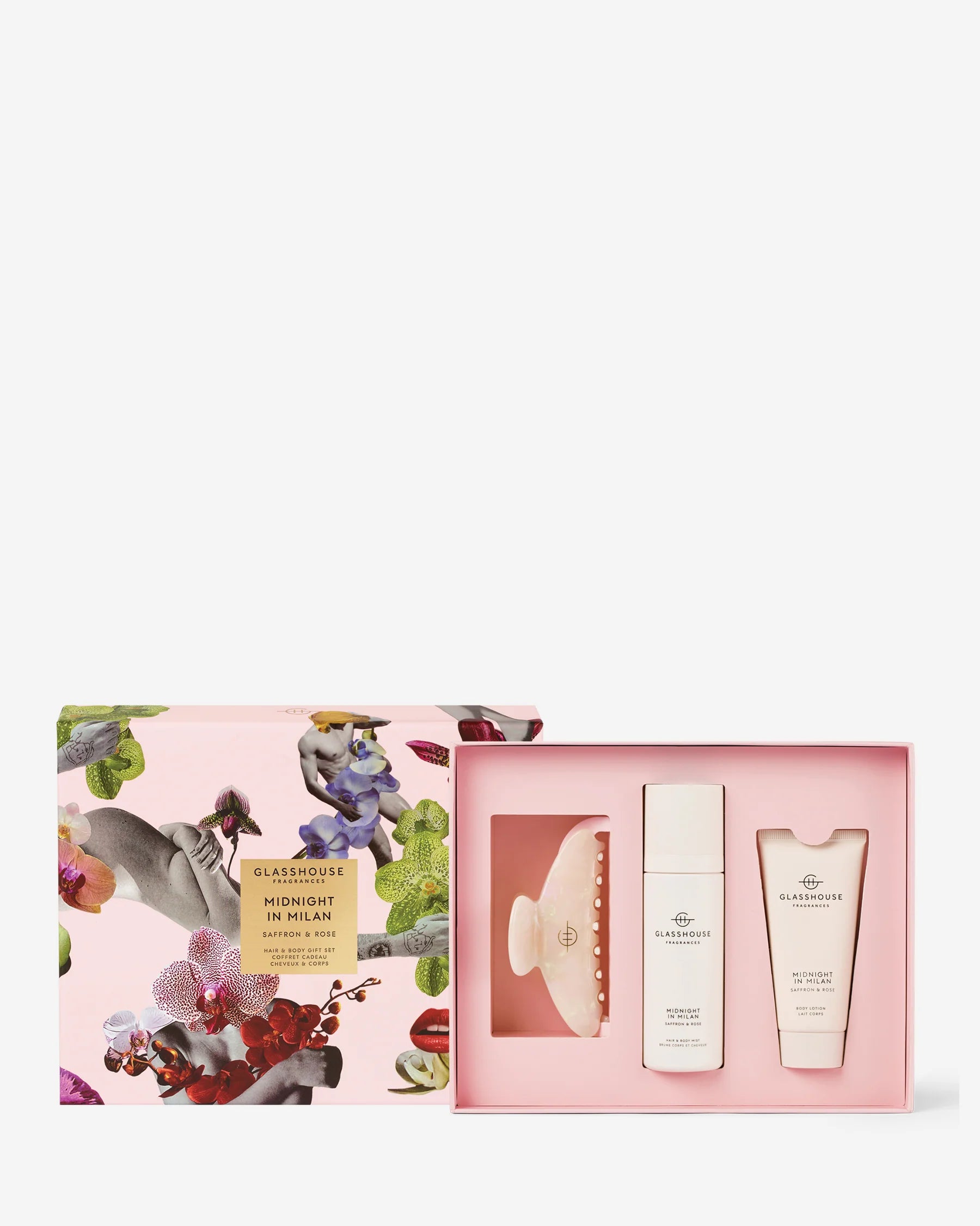 Glasshouse Fragrances Midnight in Milan Hair and Body Gift Set with scented bottles and luxurious packaging.