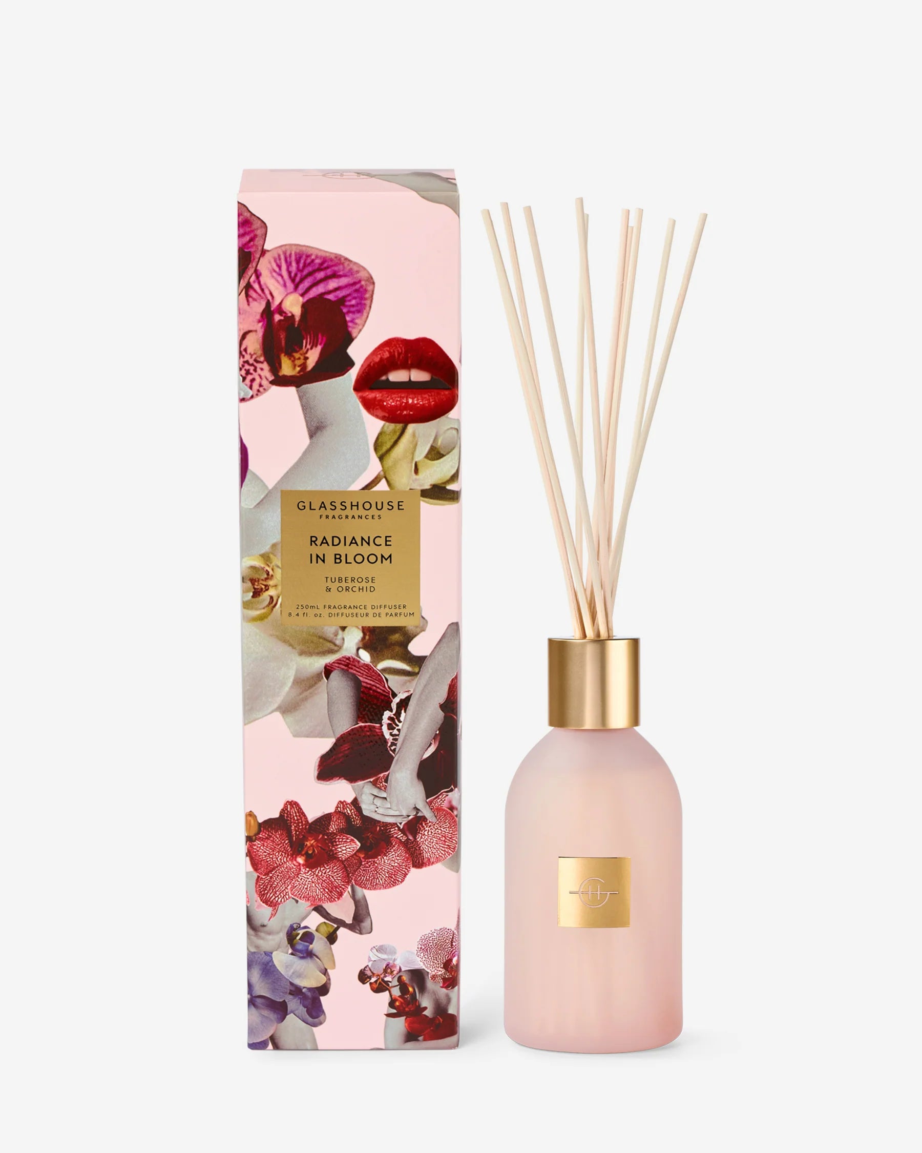 Glasshouse Fragrances Radiance in Bloom 250ml diffuser with floral design and elegant glass container, emitting a soft, inviting glow.