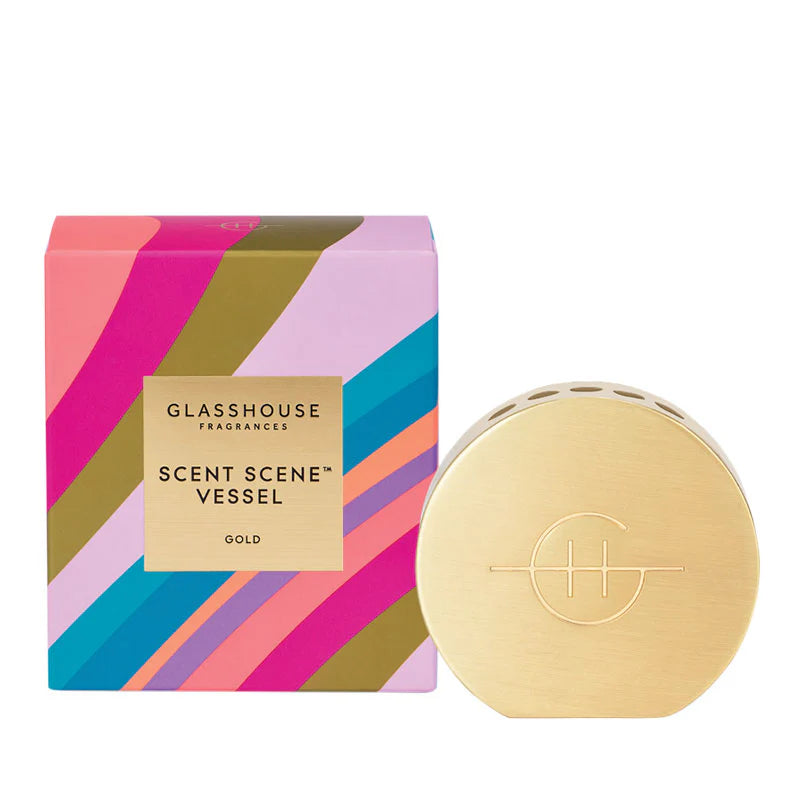 Glasshouse Fragrances Scent Scene Gold Metal Vessel with decorative design and elegant finish, used for home fragrance display.