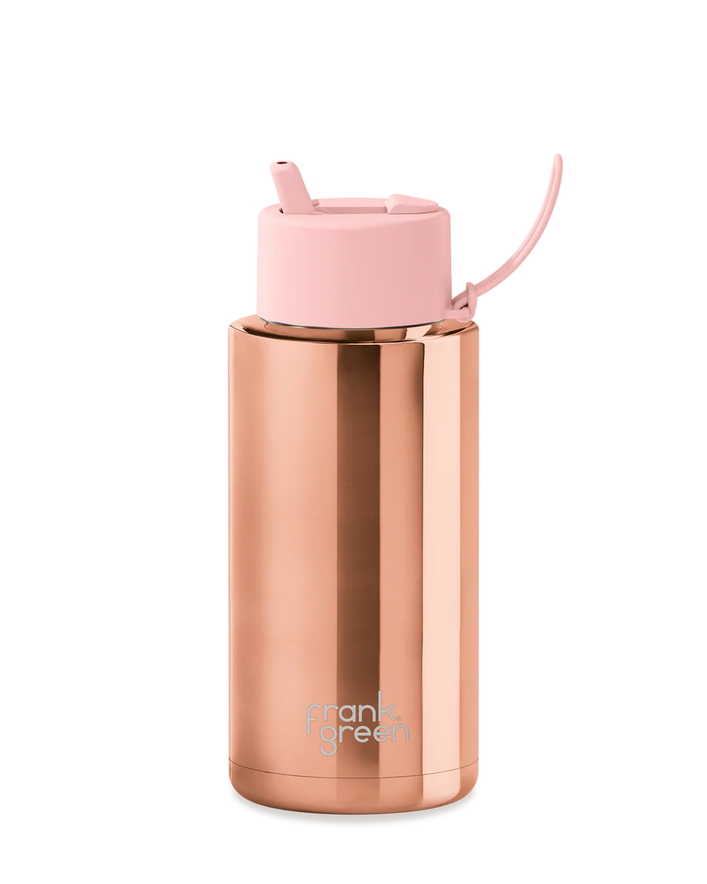 Frank Green 34oz rose gold chrome ceramic reusable water bottle with flip straw lid, sleek and stylish hydration container