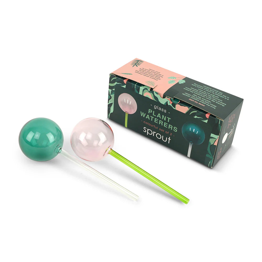 Set of two pink and green plant water globes by Annabel Trends for automatic watering of potted plants.