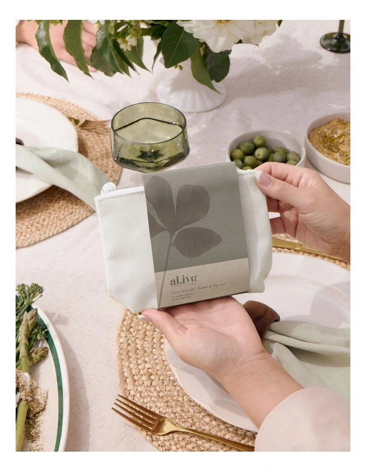 Ivory Bloom Hand and Lip Set by Al.ive Body featuring elegant ivory packaging and natural skincare products.