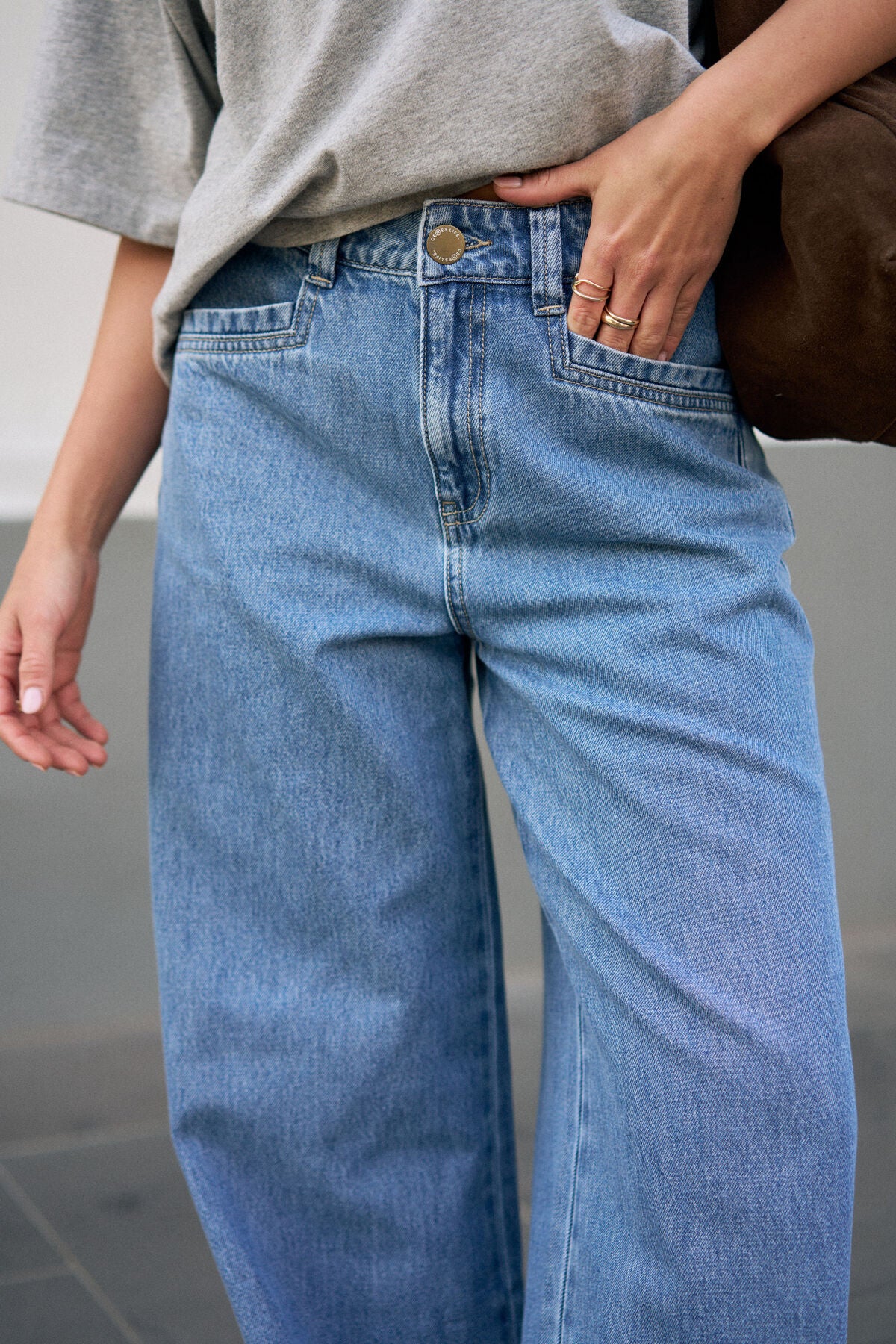 Ceres Life Reese Wide Jean in vintage blue denim, featuring a relaxed fit, classic five-pocket design, and distressed details.