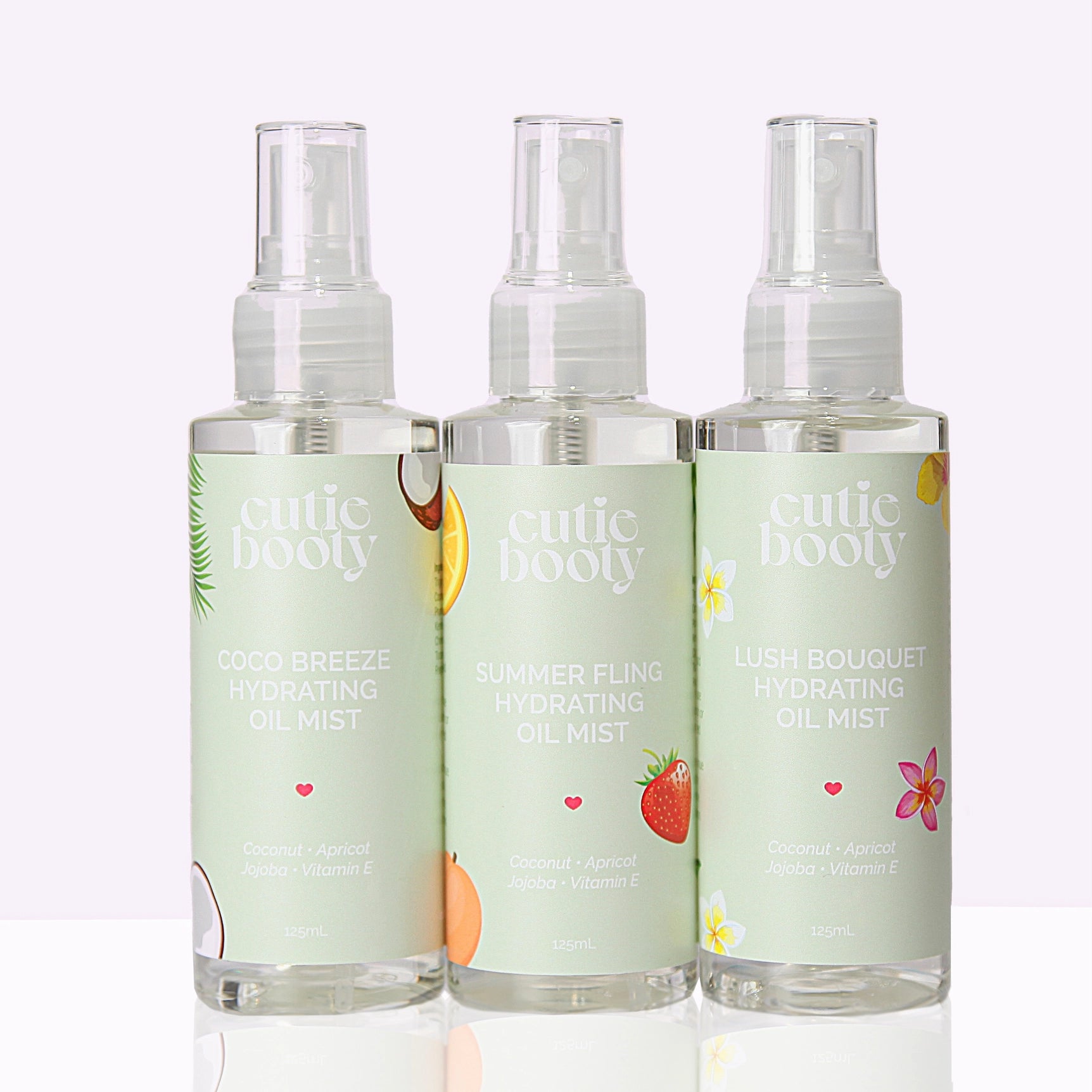 Hydrating Coco Breeze Oil Mist by Cutie Booty in a spray bottle, featuring a tropical coconut scent and lightweight hydration.