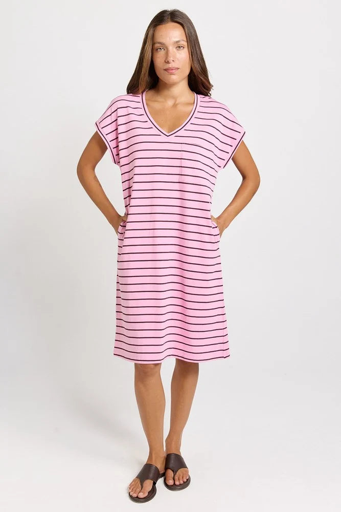 Betty Basics Zena T-Shirt Dress - Pink/Choc Stripe