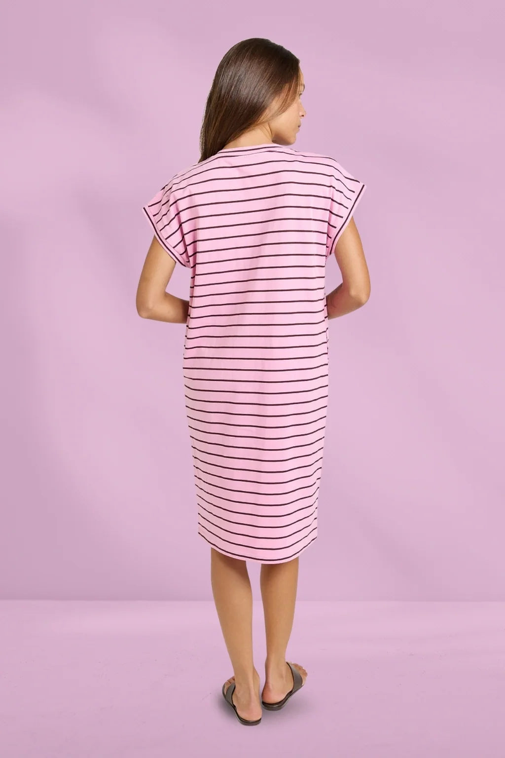Betty Basics Zena T-Shirt Dress - Pink/Choc Stripe