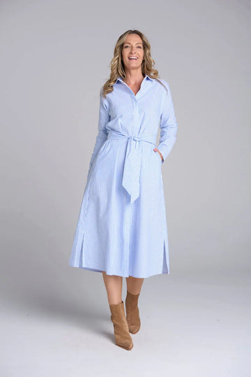 STRIPE DRESS WITH SELF BELT - BLUE/WHITE