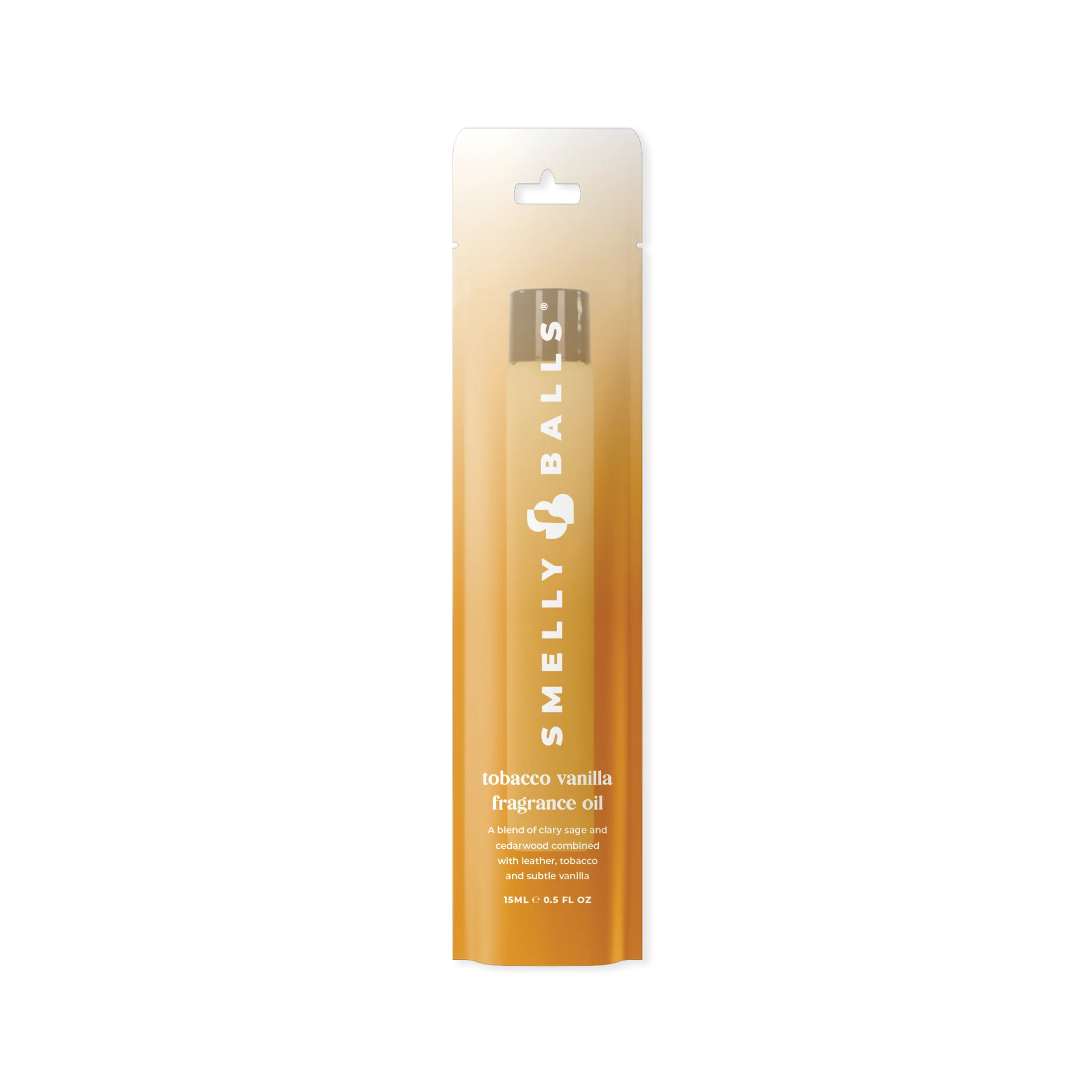 Tobacco Vanilla fragrance oil by Smelly Balls, showing a clear glass bottle with a black cap and a vanilla and tobacco scent label.