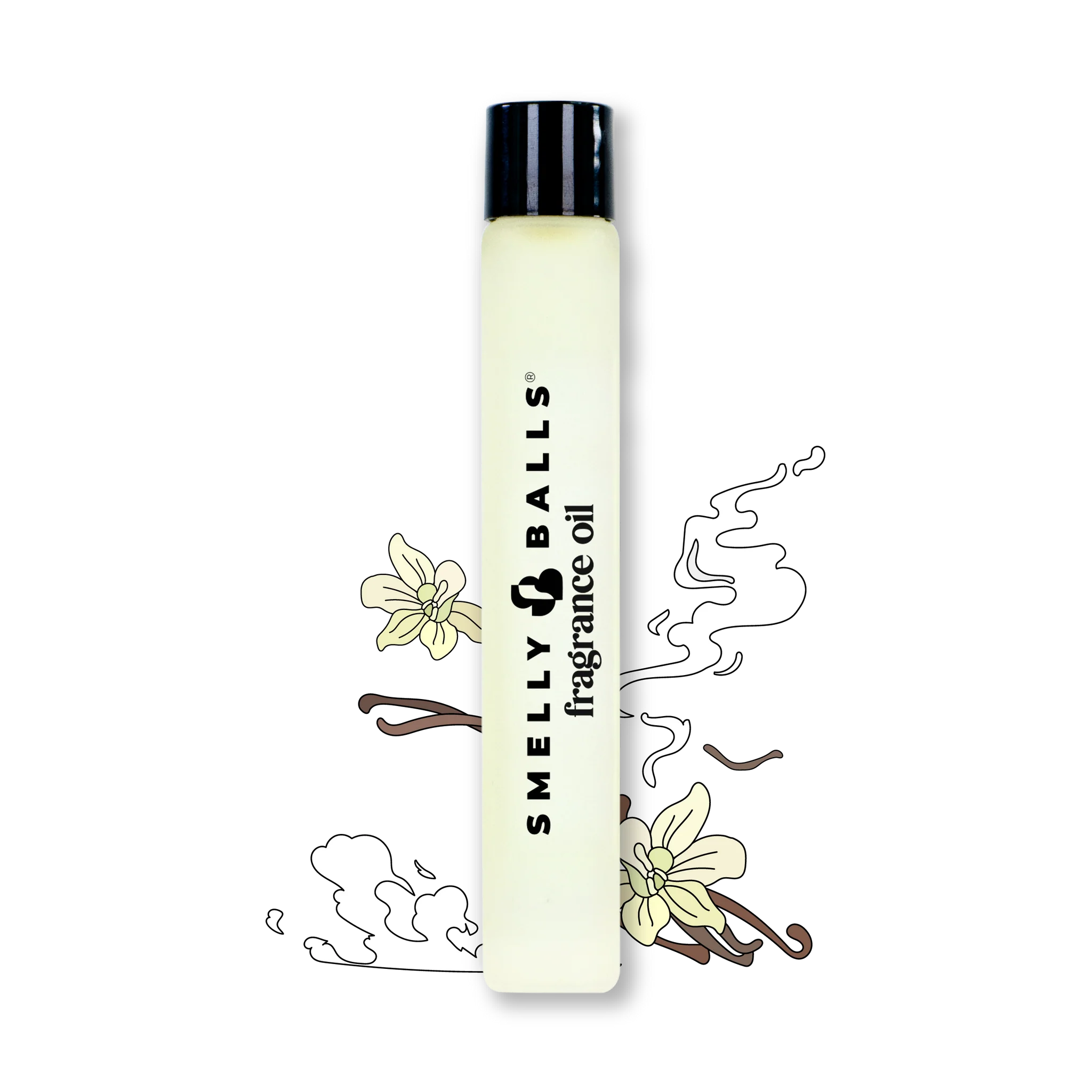 Smelly Balls Tobacco Vanilla fragrance oil bottle with label, featuring amber-colored liquid and elegant branding.