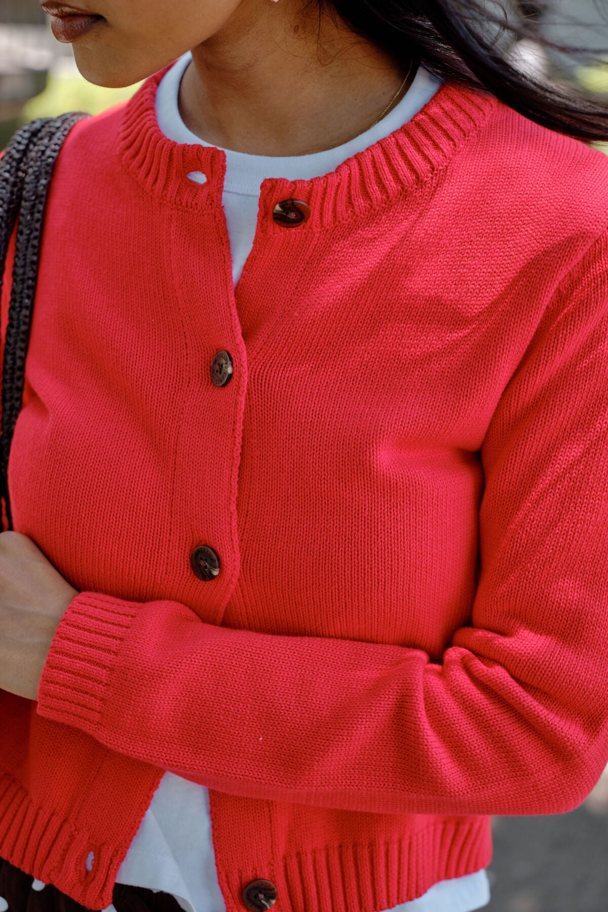 Ceres Life Nelly Long Sleeve Knit Cardigan in fiery red, featuring a cozy knit texture and stylish long sleeves.