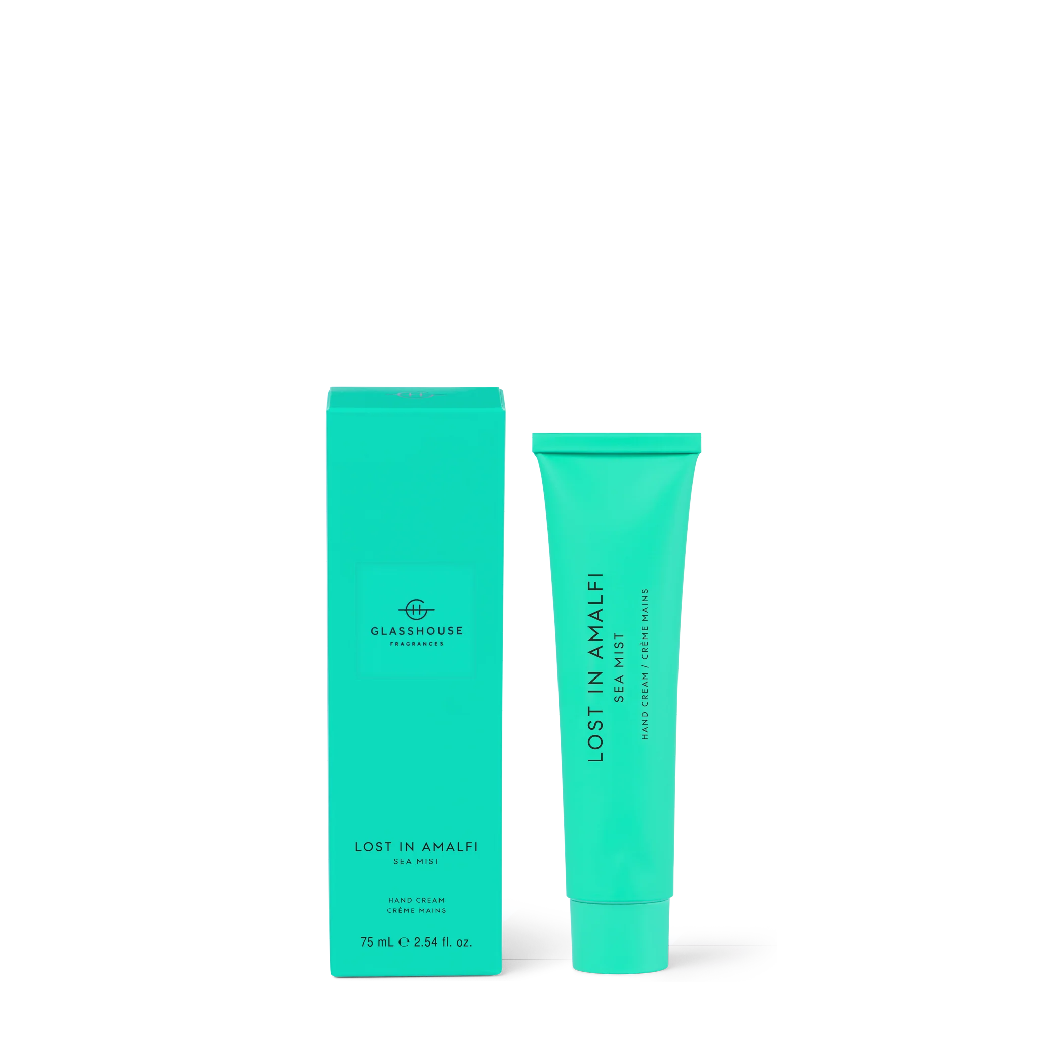 Glasshouse LOST IN AMALFI Sea Mist hand cream in 75mL tube, featuring a soft, luxurious texture and ocean-inspired scent.