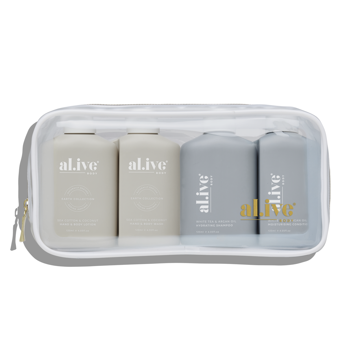 Al.ive Body Hair and Body Travel Pack with travel-sized skincare and haircare products, compact for easy packing and on-the-go use.
