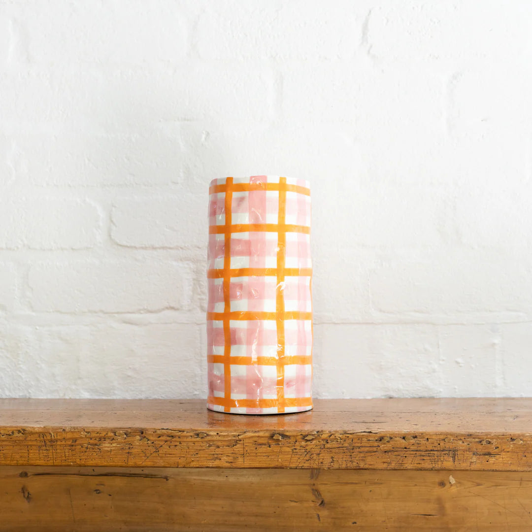 Large Vase - Pink & Orange Gingham