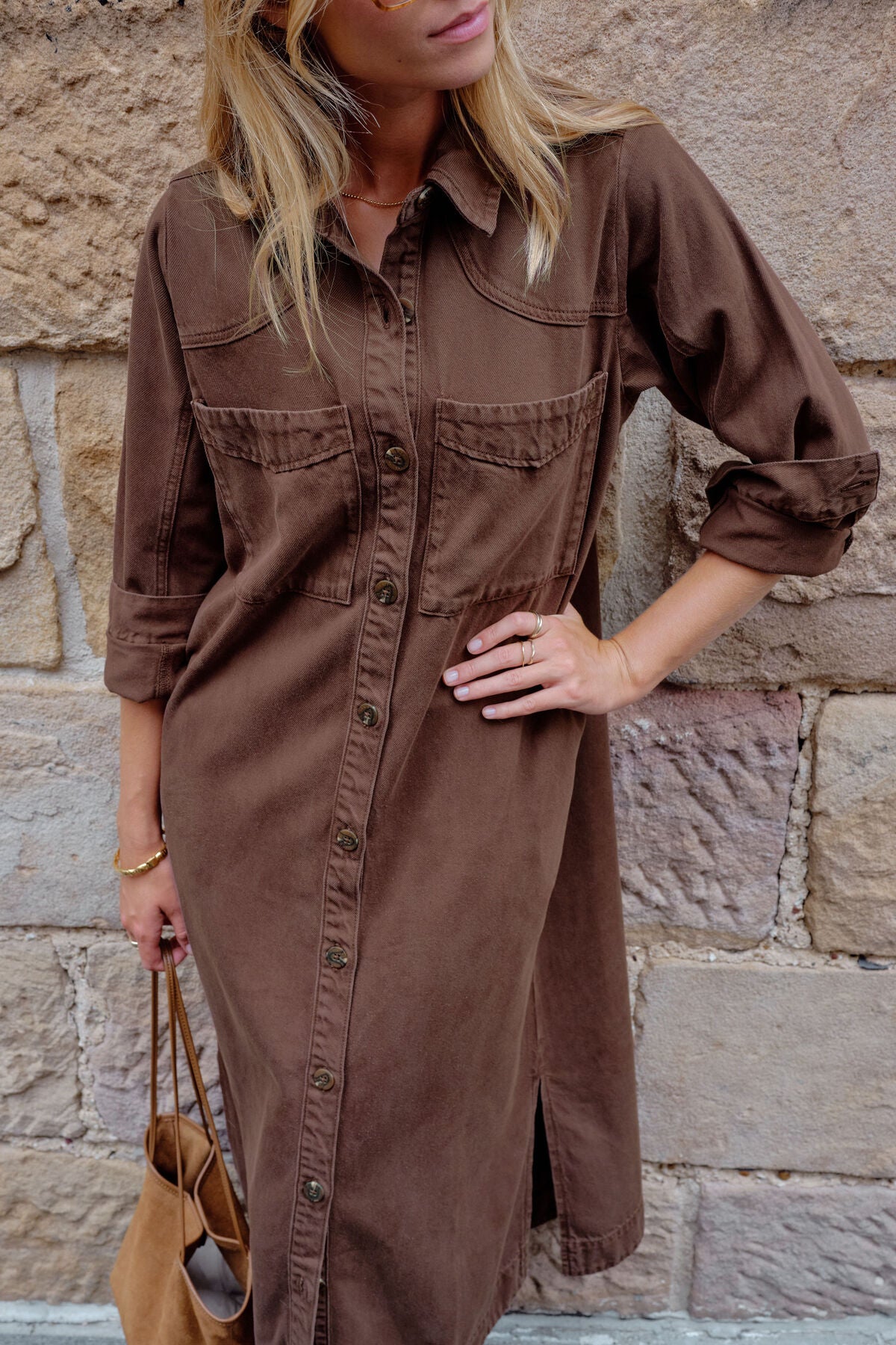 Ceres Life Rae long sleeve midi dress in chocolate fabric, featuring a fitted silhouette and elegant style.