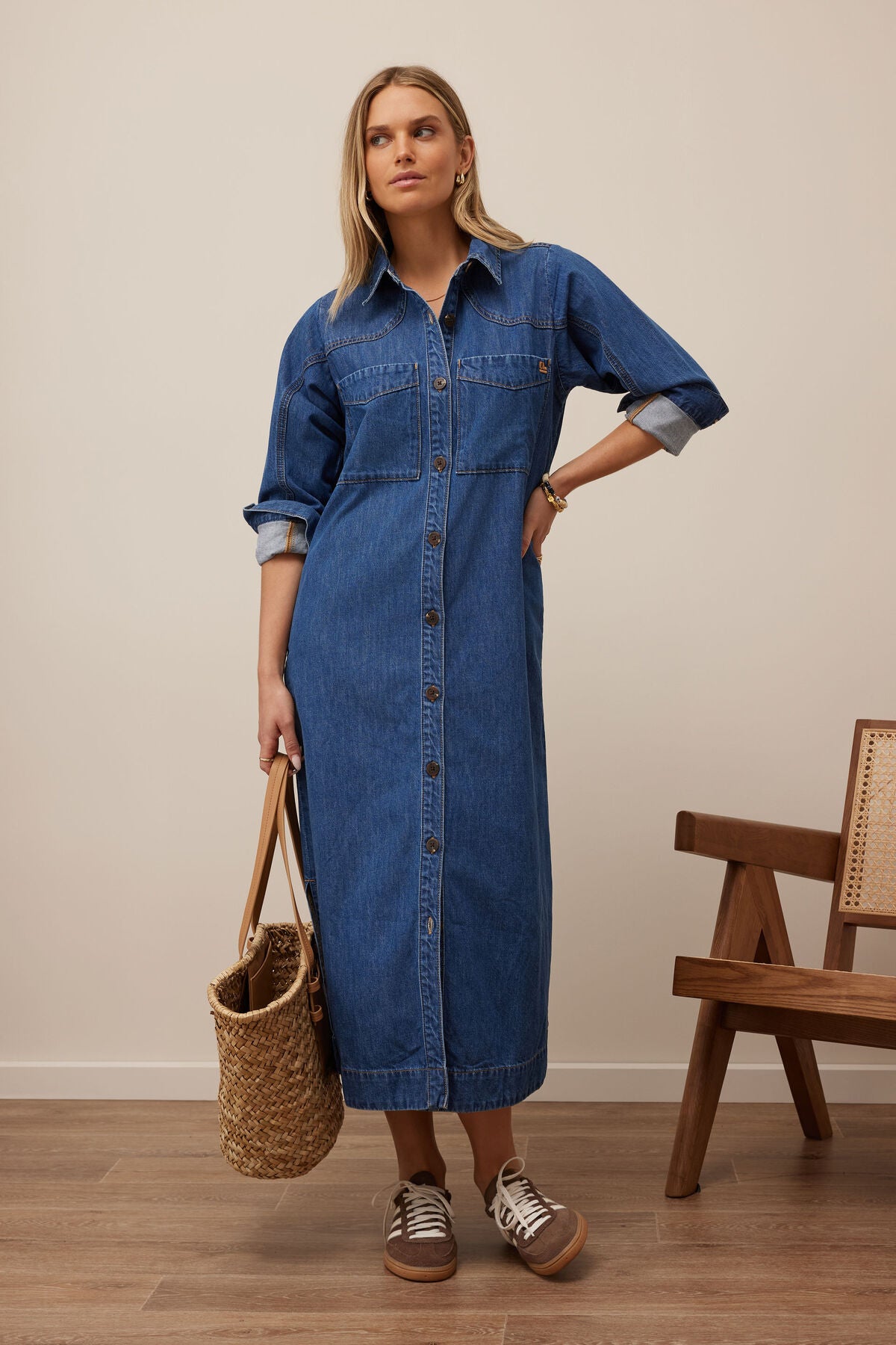 Ceres Life Rae long sleeve midi dress in fresh indigo fabric, featuring a fitted bodice and flowing skirt, styled for casual or dressy occasions.