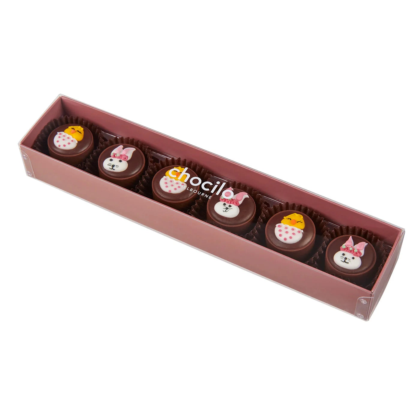 Six milk chocolate caramel Easter caramels in a gift box by Chocilo, displayed on a white background.