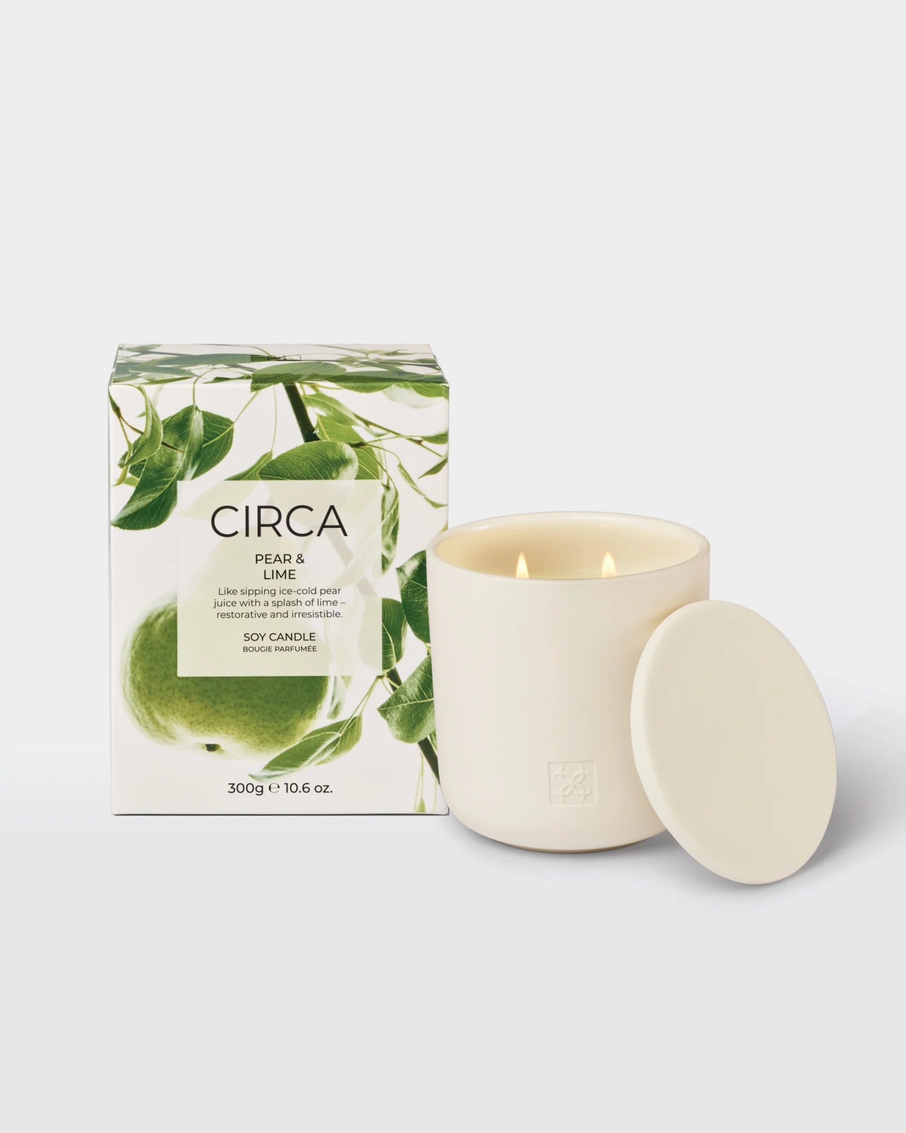 Circa Pear & Lime soy candle in a 300g jar with fresh fruit-inspired design and a warm, inviting appearance.