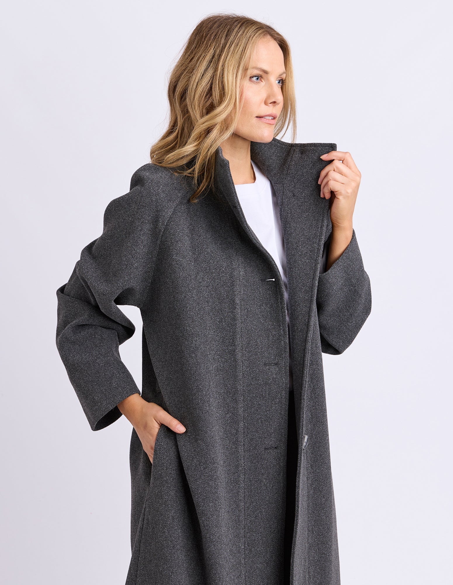Foxwood Fermont Coat in charcoal, stylish winter outerwear with a tailored fit and warm fabric, shown on a model.