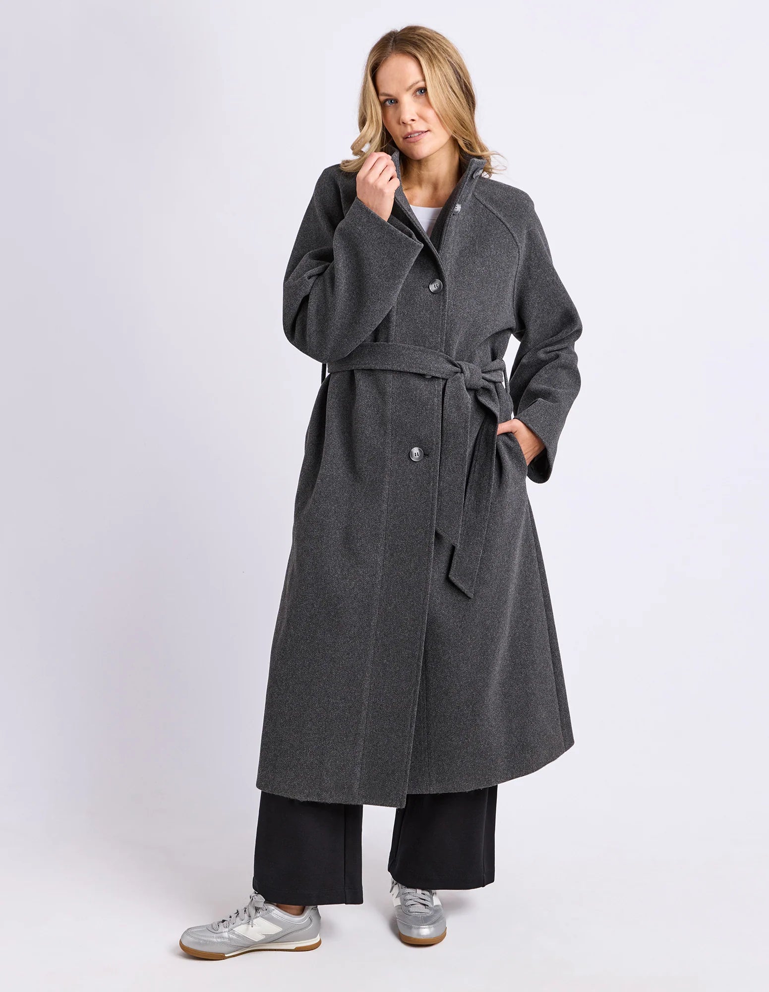 Foxwood Fermont Coat in charcoal color, showing the stylish, warm winter coat with a high collar and sleek design.