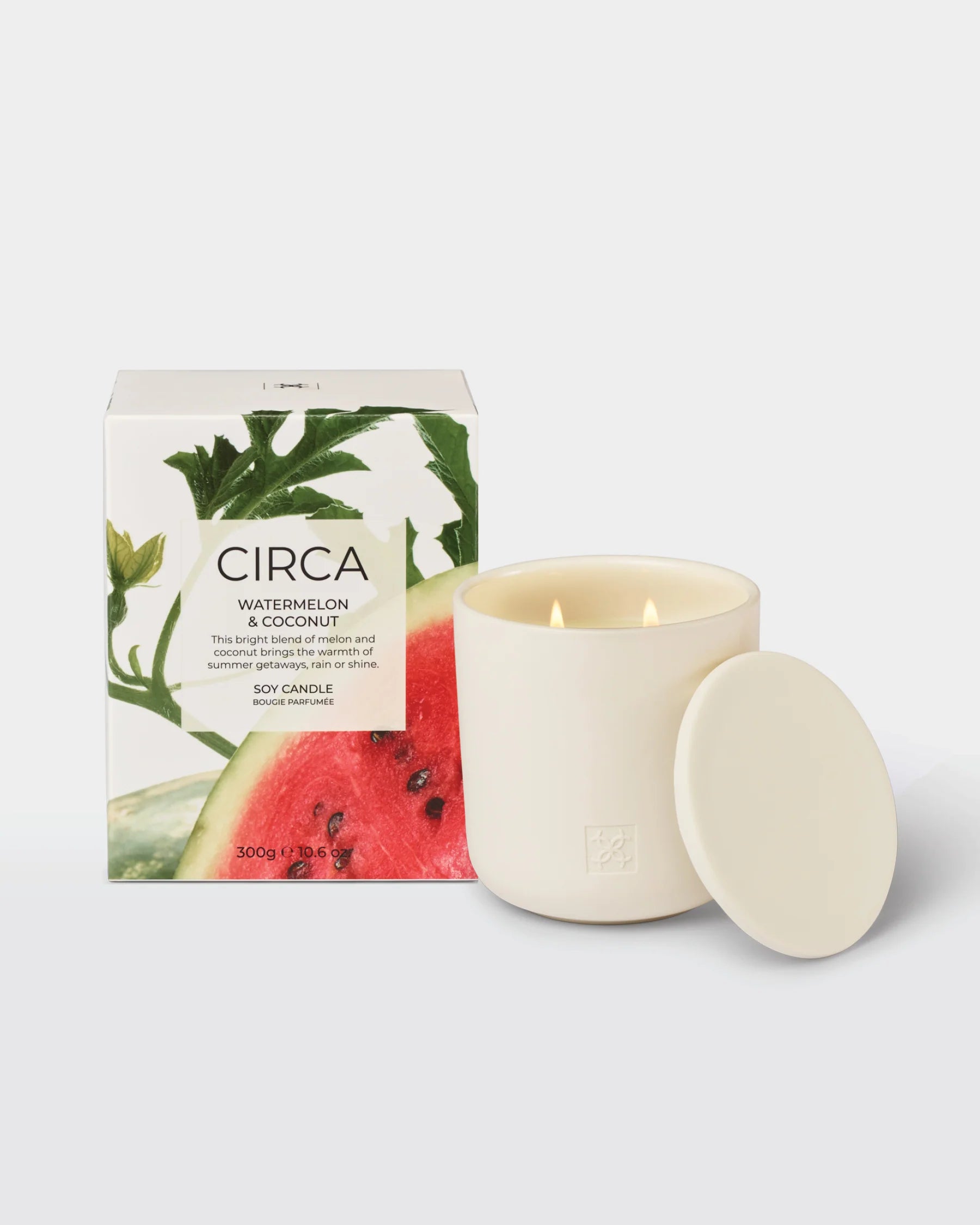 Circa Watermelon & Coconut soy candle in a 300g jar, featuring vibrant watermelon and coconut scent, with a wicks and smooth wax surface.