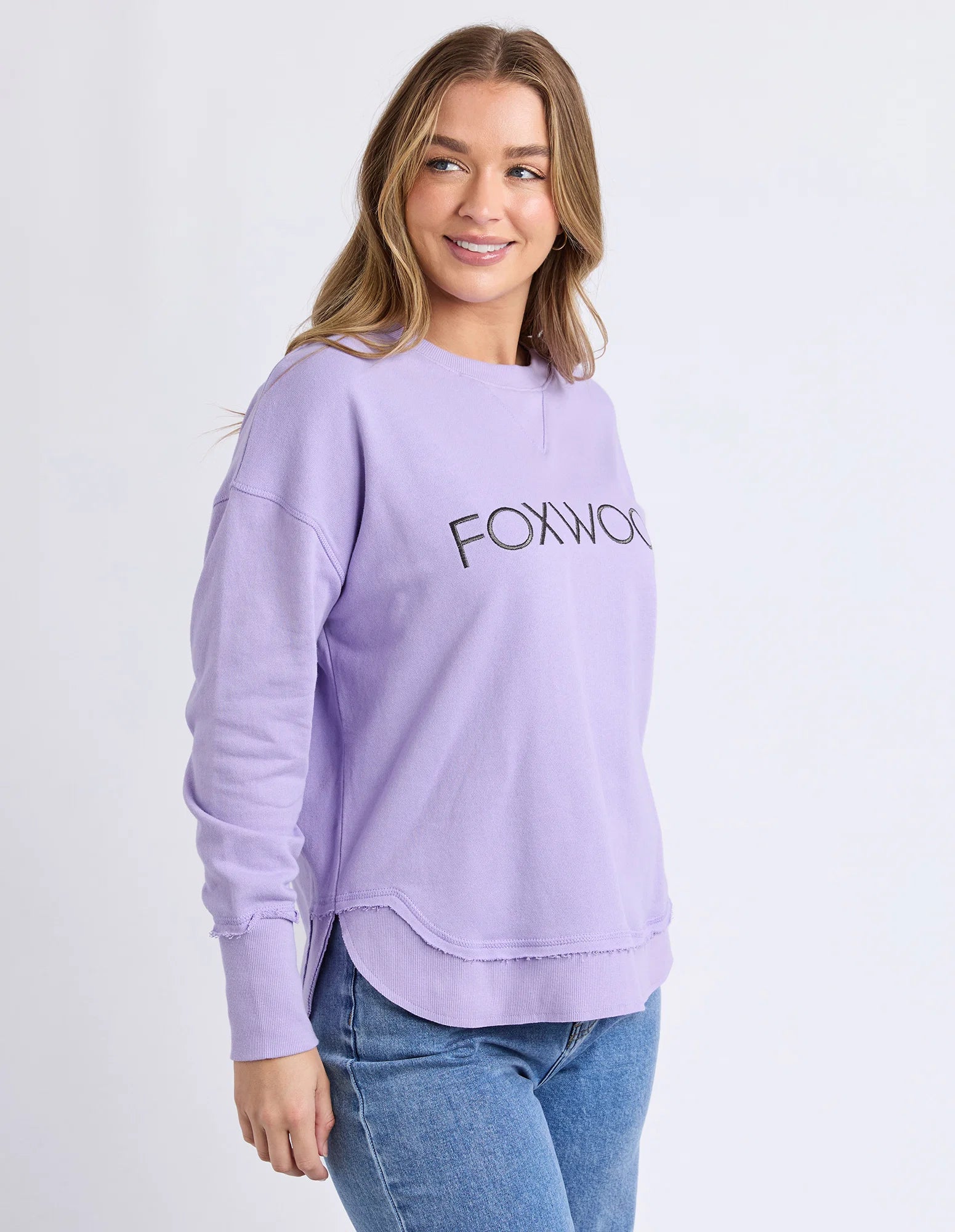 Lavender-colored Simplified Metallic Crew shirt by Foxwood, featuring a smooth metallic finish and casual crew neckline.