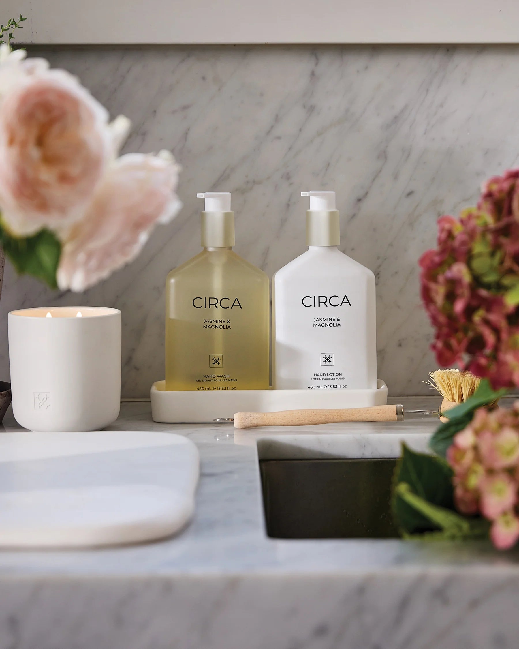 Circa Jasmine & Magnolia hand wash in a 450ml pump bottle with a floral label and elegant design.