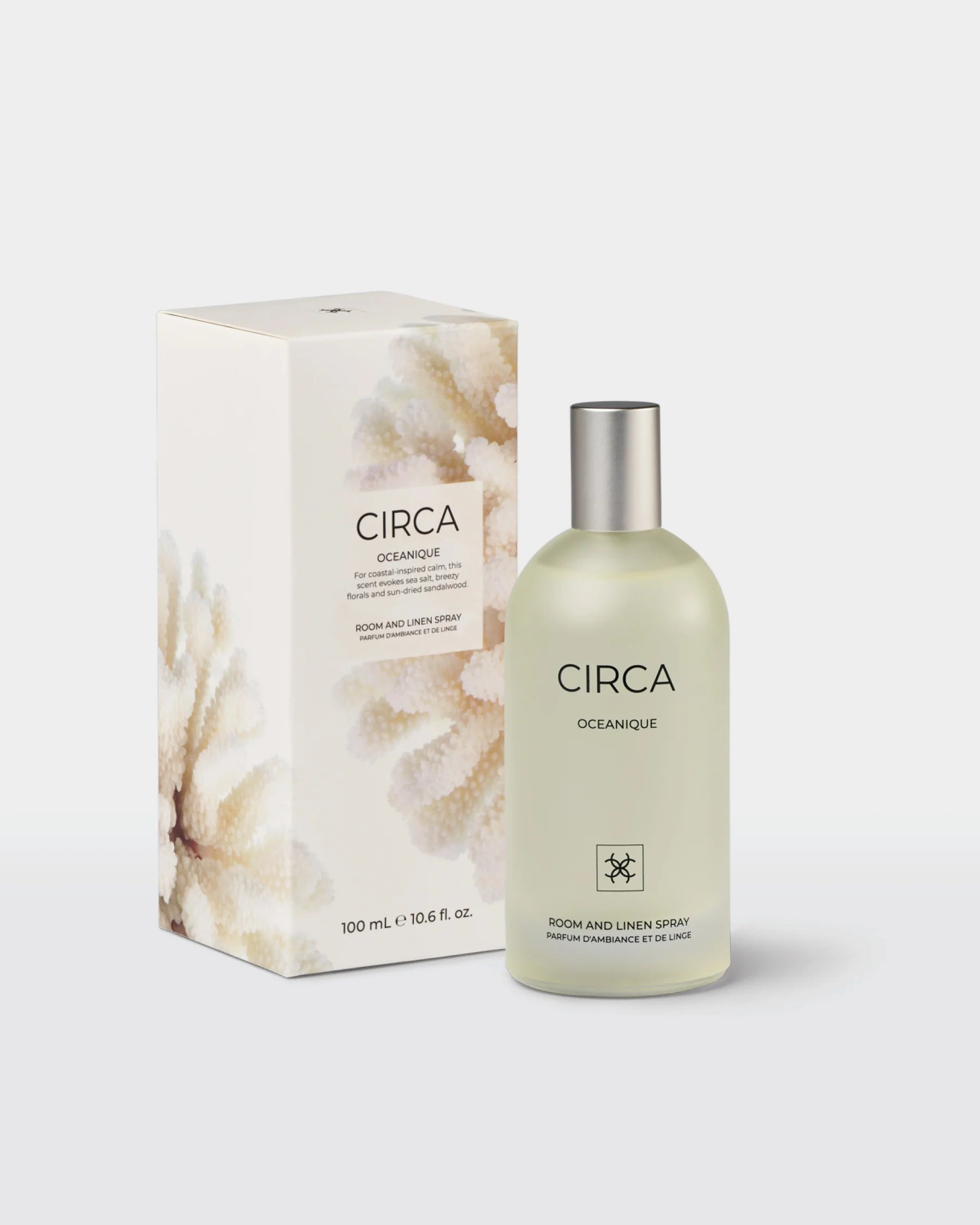 Circa Oceaniqué Room and Linen Spray 100ml bottle with elegant packaging and a fresh, ocean-inspired scent.