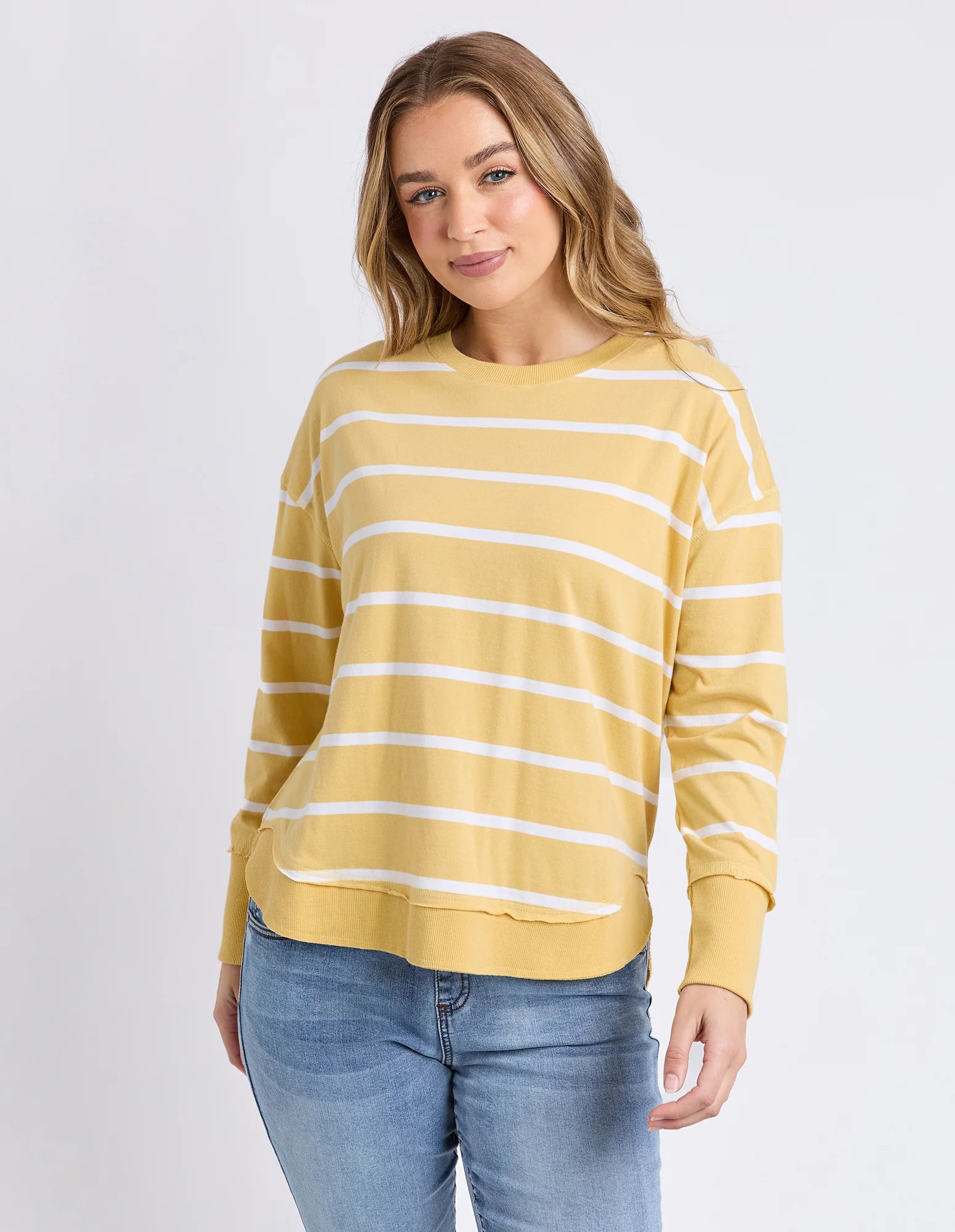 Foxwood Farrah Stripe long sleeve shirt in butter and white stripe with a relaxed fit and classic design.