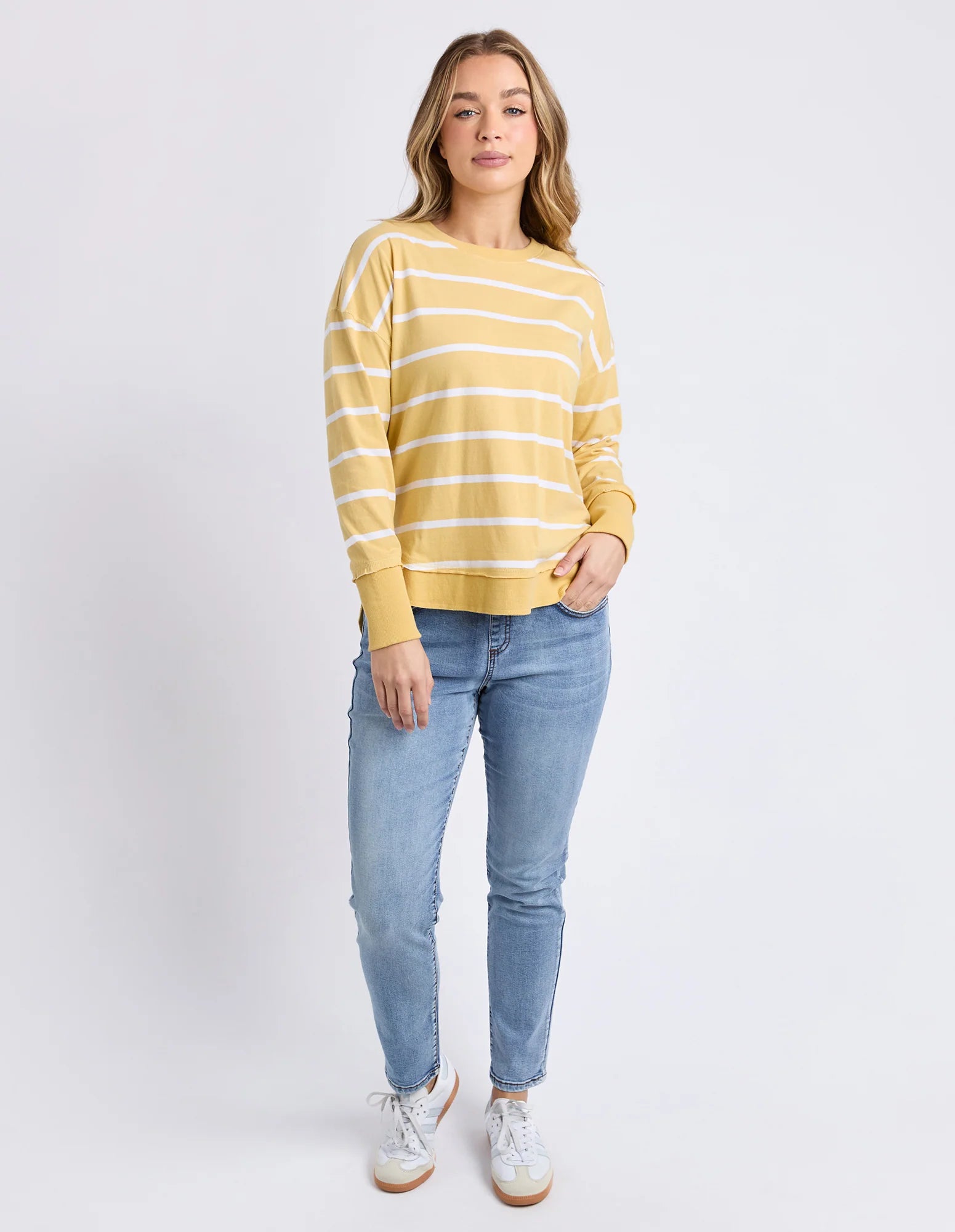 Foxwood Farrah Stripe Long Sleeve top in butter and white stripe, featuring a comfortable fit and stylish design.