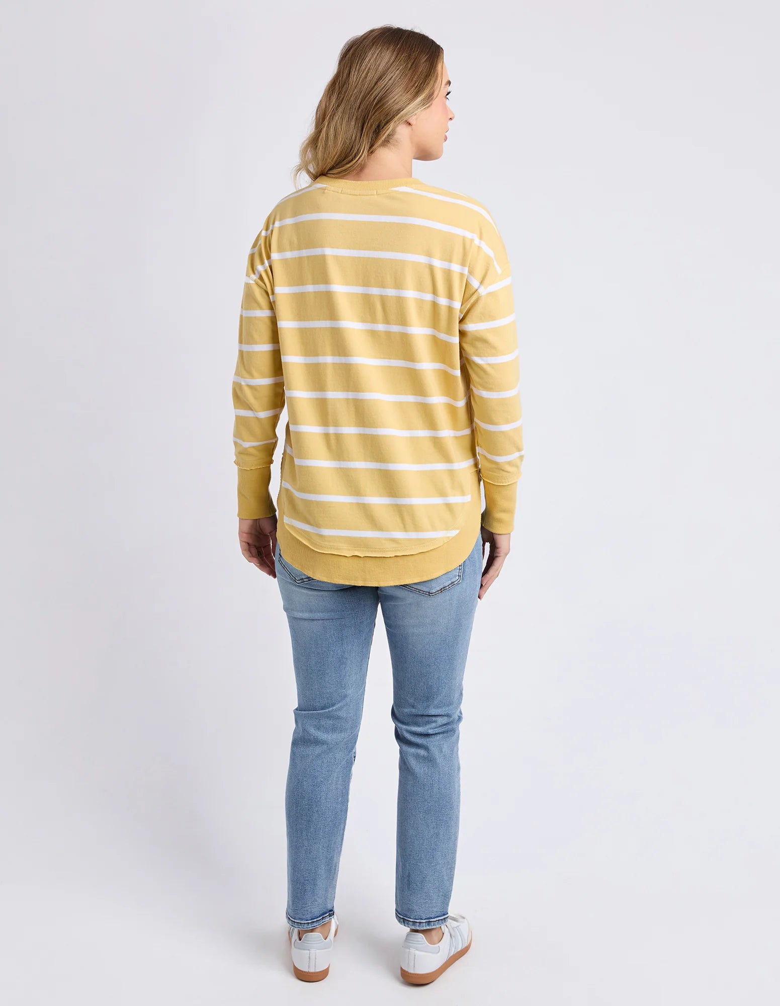 Foxwood Farrah Stripe Long Sleeve shirt in Butter and White stripe, featuring a cozy, stylish design with long sleeves.