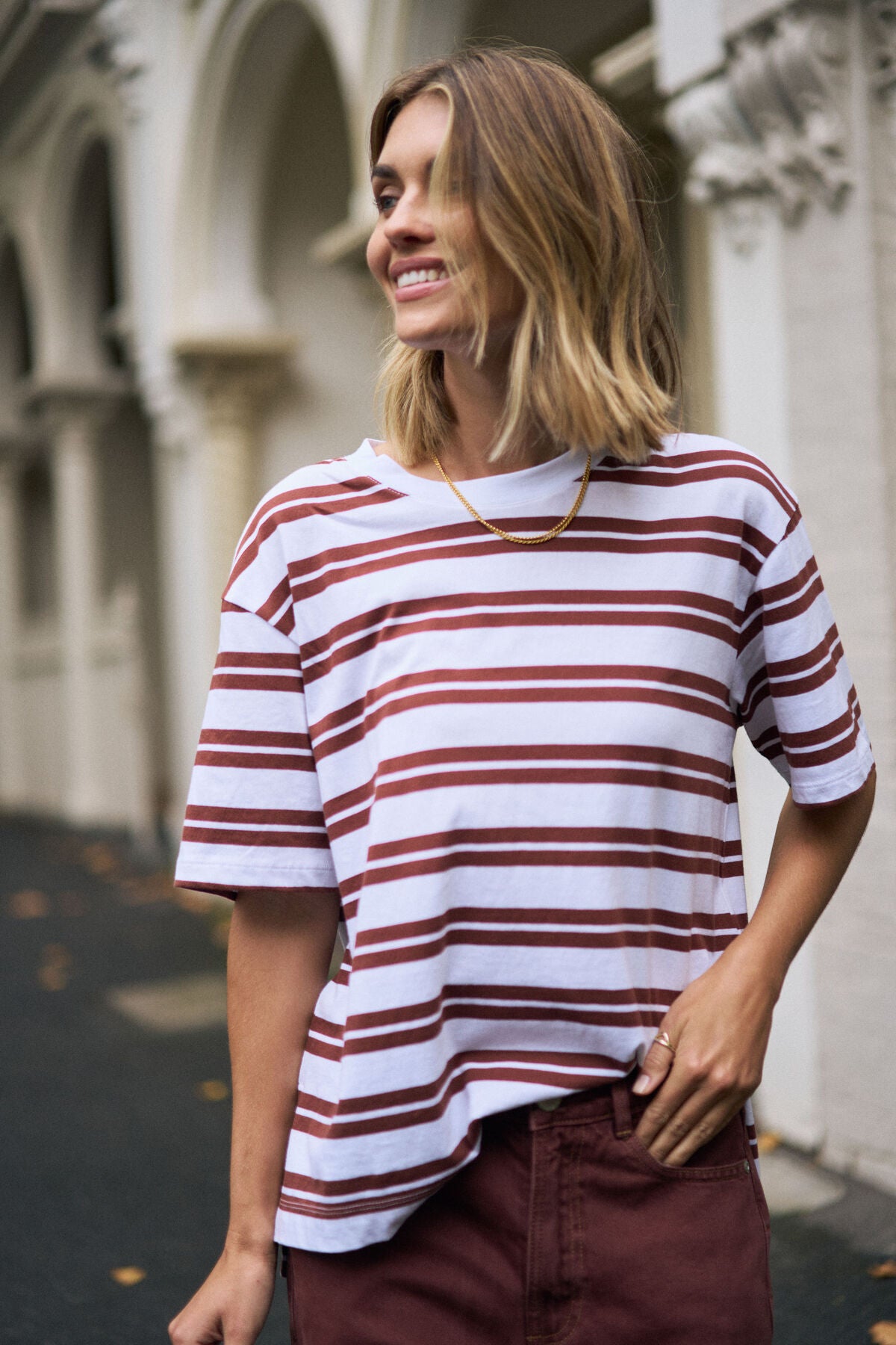 White and burnt toffee striped Stevie Slouchy Tee by Ceres Life, showing a relaxed fit with soft fabric and casual style.