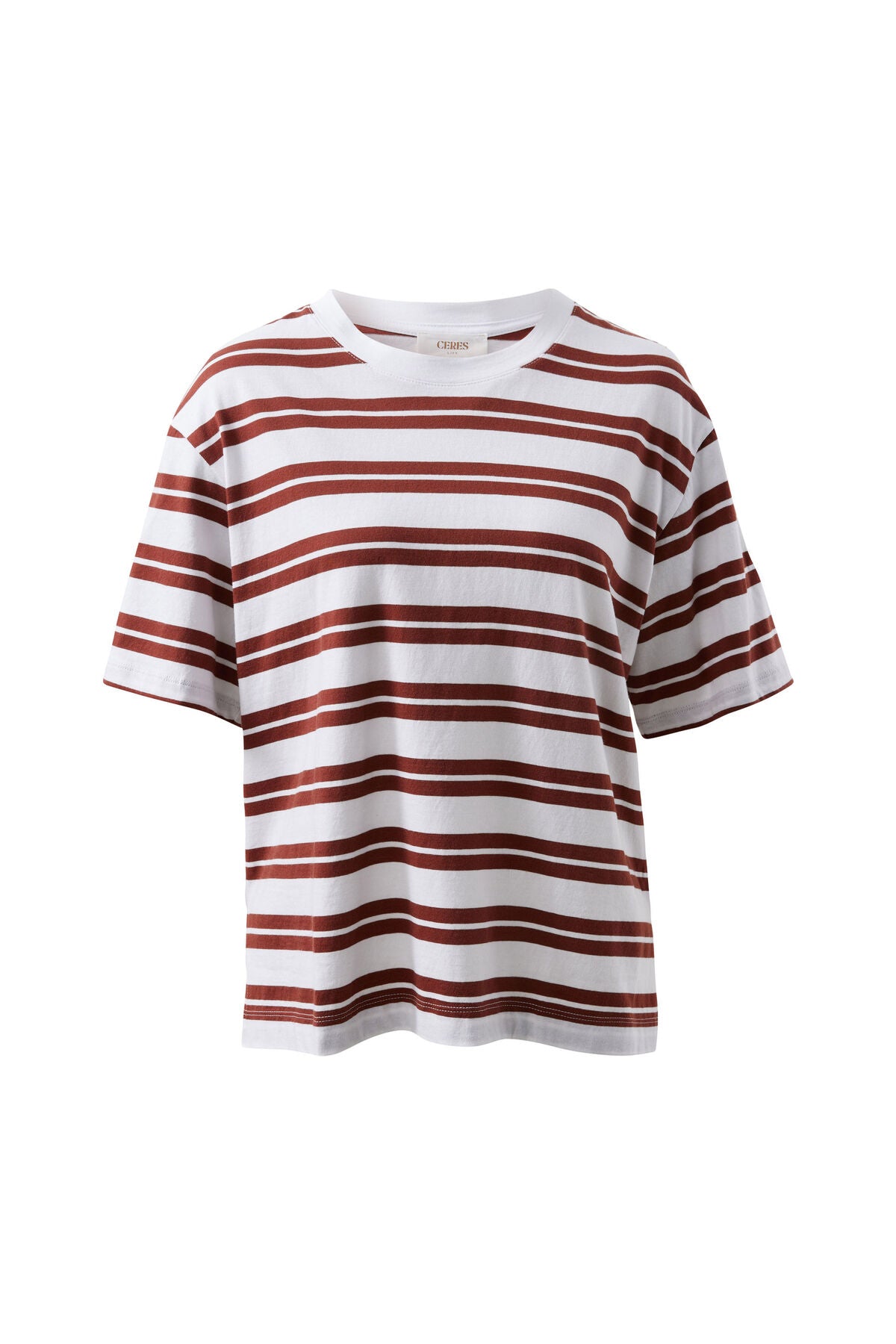 Ceres Life Stevie Slouchy Tee in white and burnt toffee stripe, relaxed fit casual t-shirt for women.