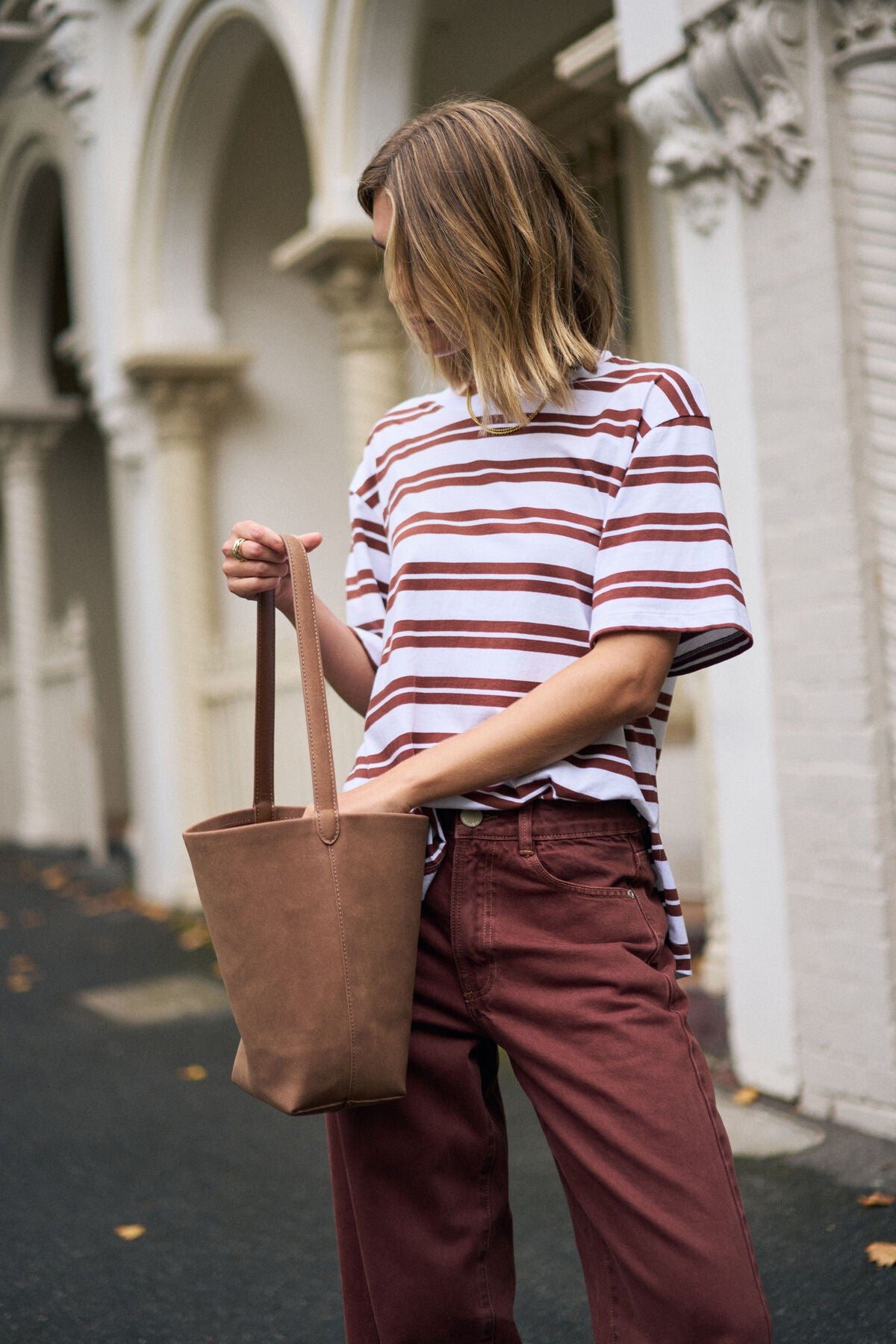 Ceres Life Stevie Slouchy Tee in white and burnt toffee stripe, casual fit with soft fabric and relaxed style.