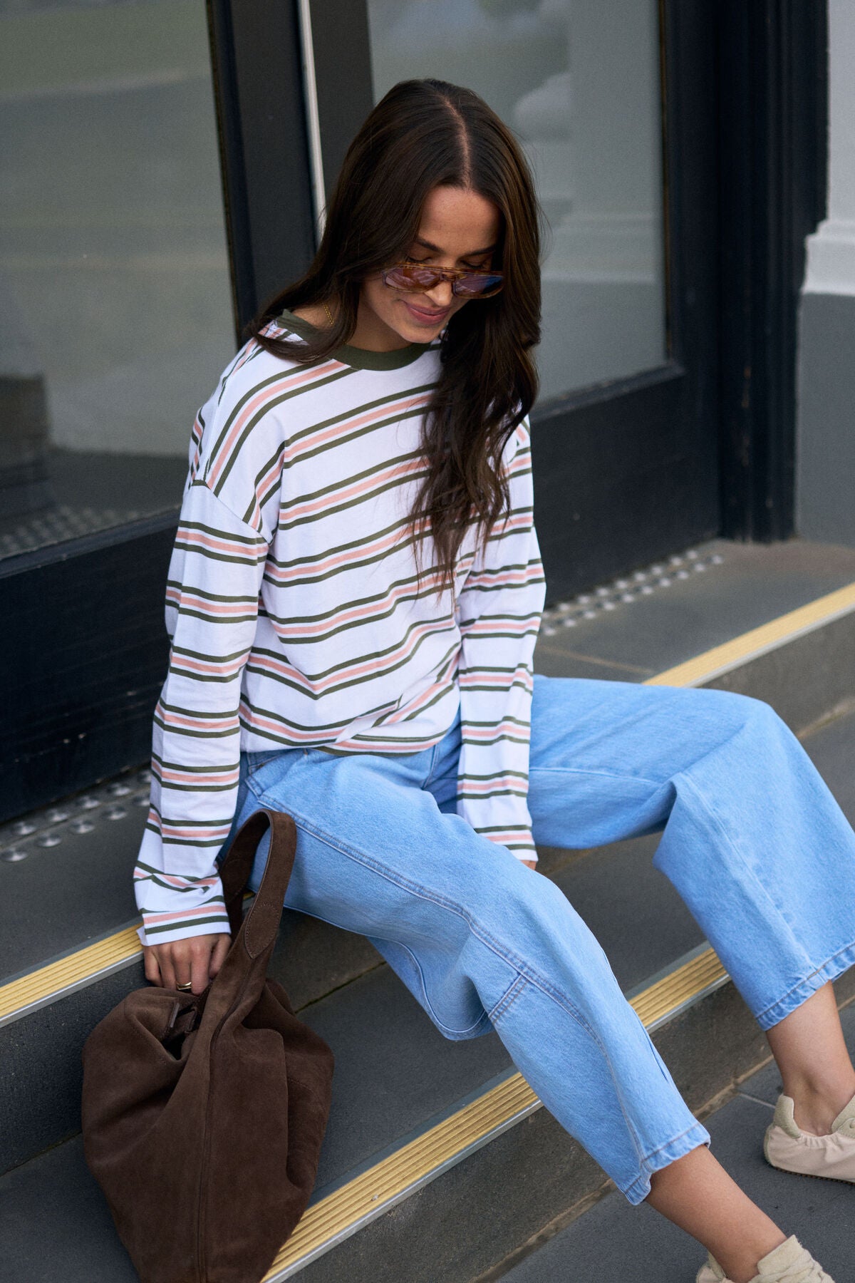 Ceres Life Scout Slouchy Long Sleeve Tee in whitewashed olive stripe with a relaxed fit and long sleeves, casual and comfortable.