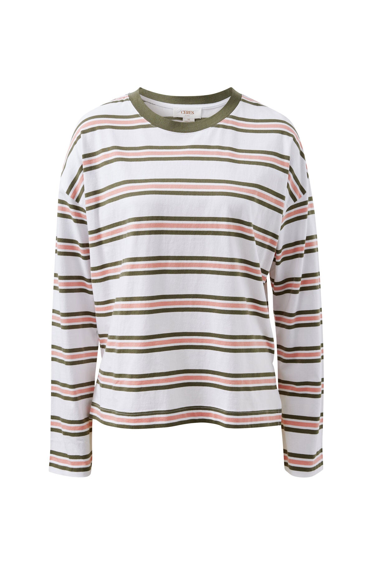 Ceres Life Scout Slouchy Long Sleeve Tee in white washed olive stripe, showcasing relaxed fit and soft fabric details.
