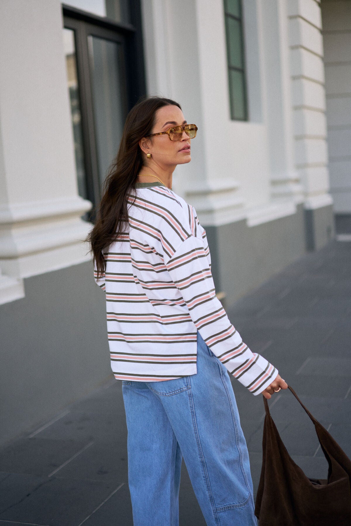 Ceres Life Scout slouchy long sleeve tee in washed olive stripe and white, featuring a relaxed fit and casual style.