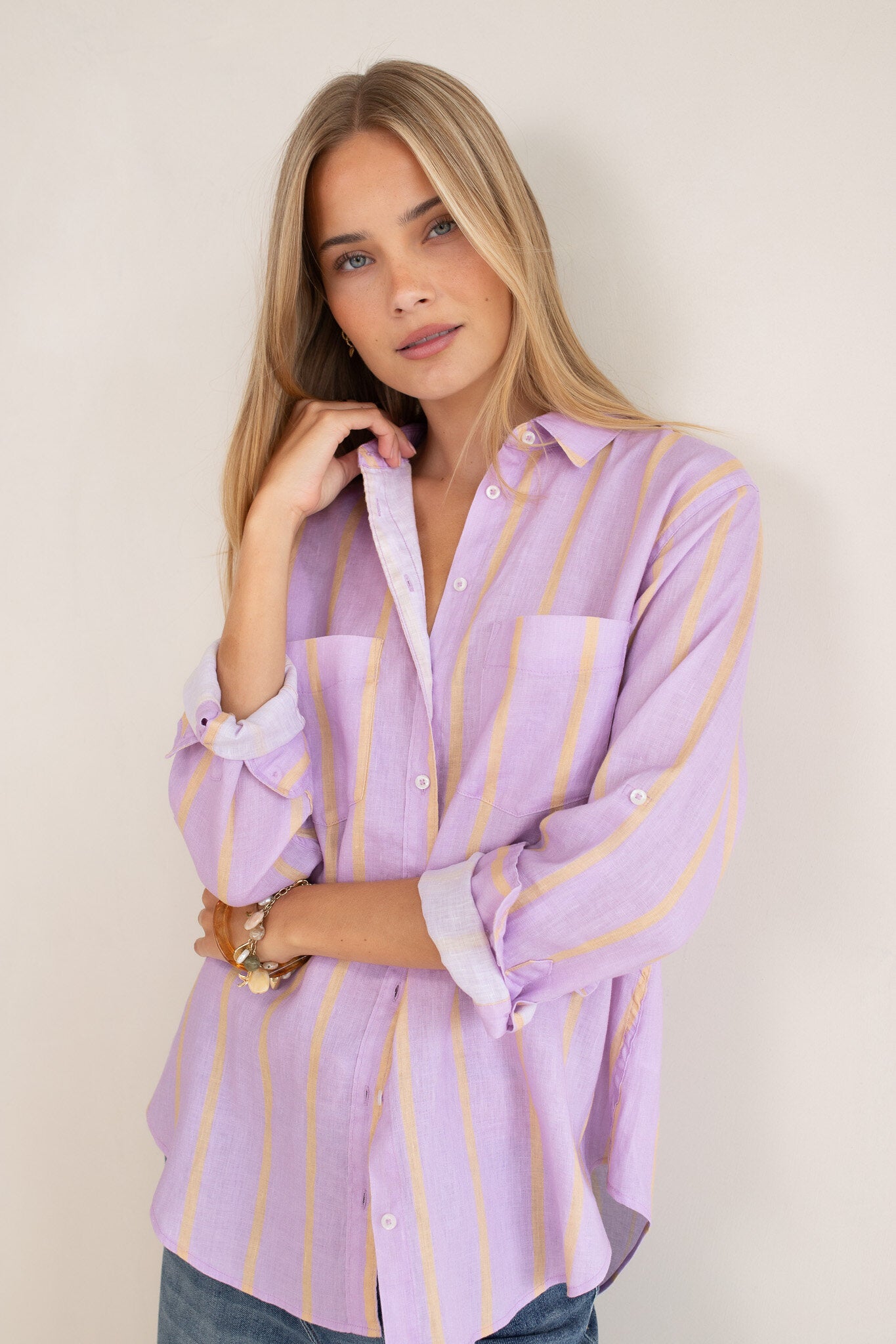 Mauve over beige linen boyfriend shirt from Hut Clothing, shown flat with collar and long sleeves on a white background.