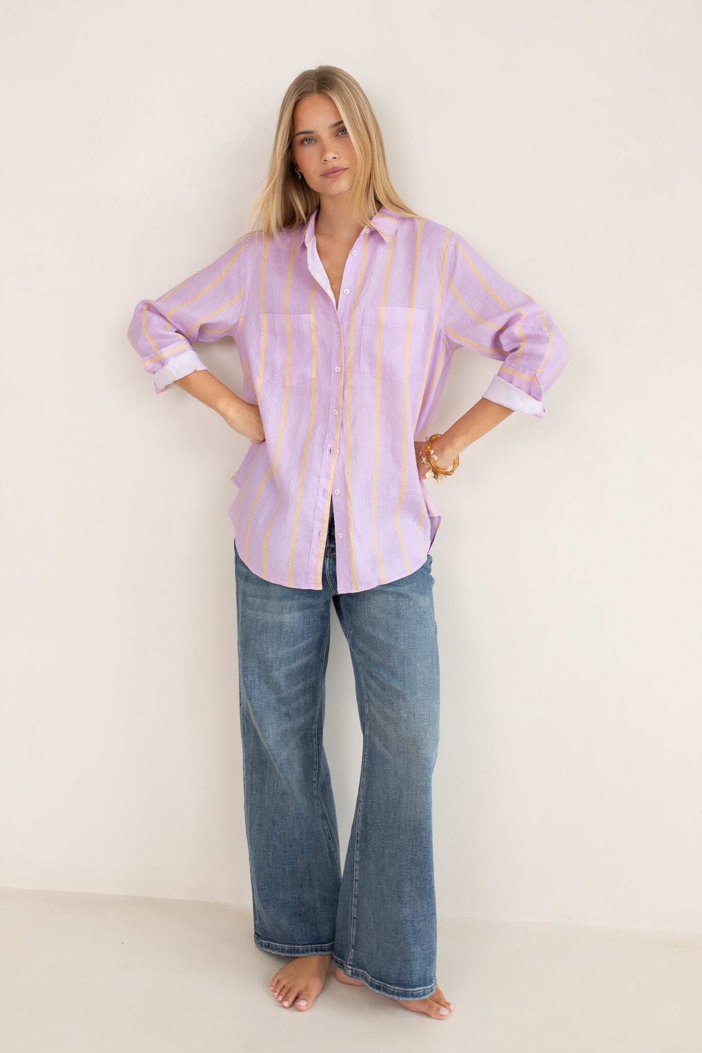 Mauve over beige Hut Clothing boyfriend linen shirt displayed flat with collar and button details.