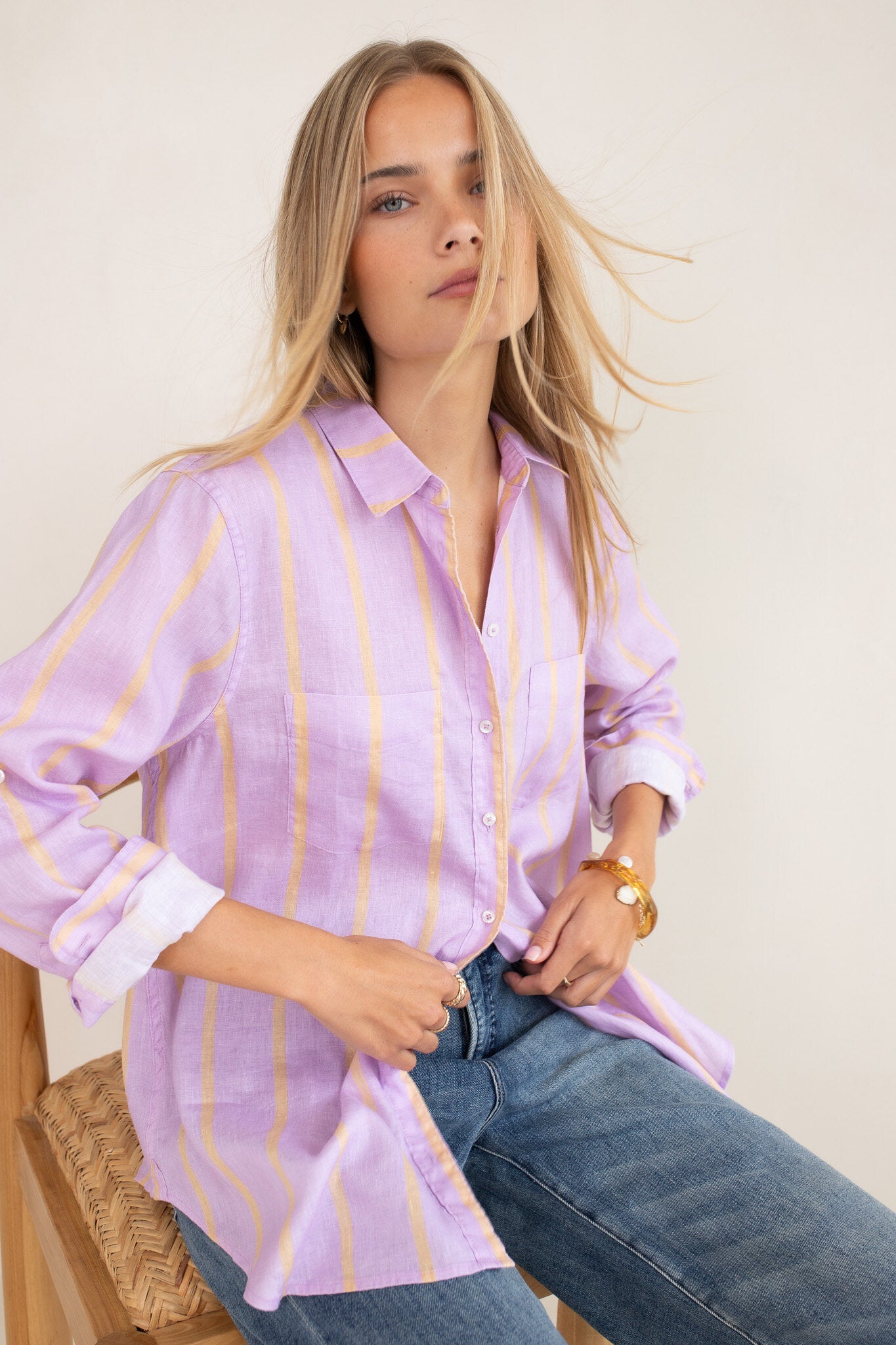 Mauve over beige boyfriend linen shirt by Hut Clothing, relaxed fit with button-front and collar, hangs on a hanger.