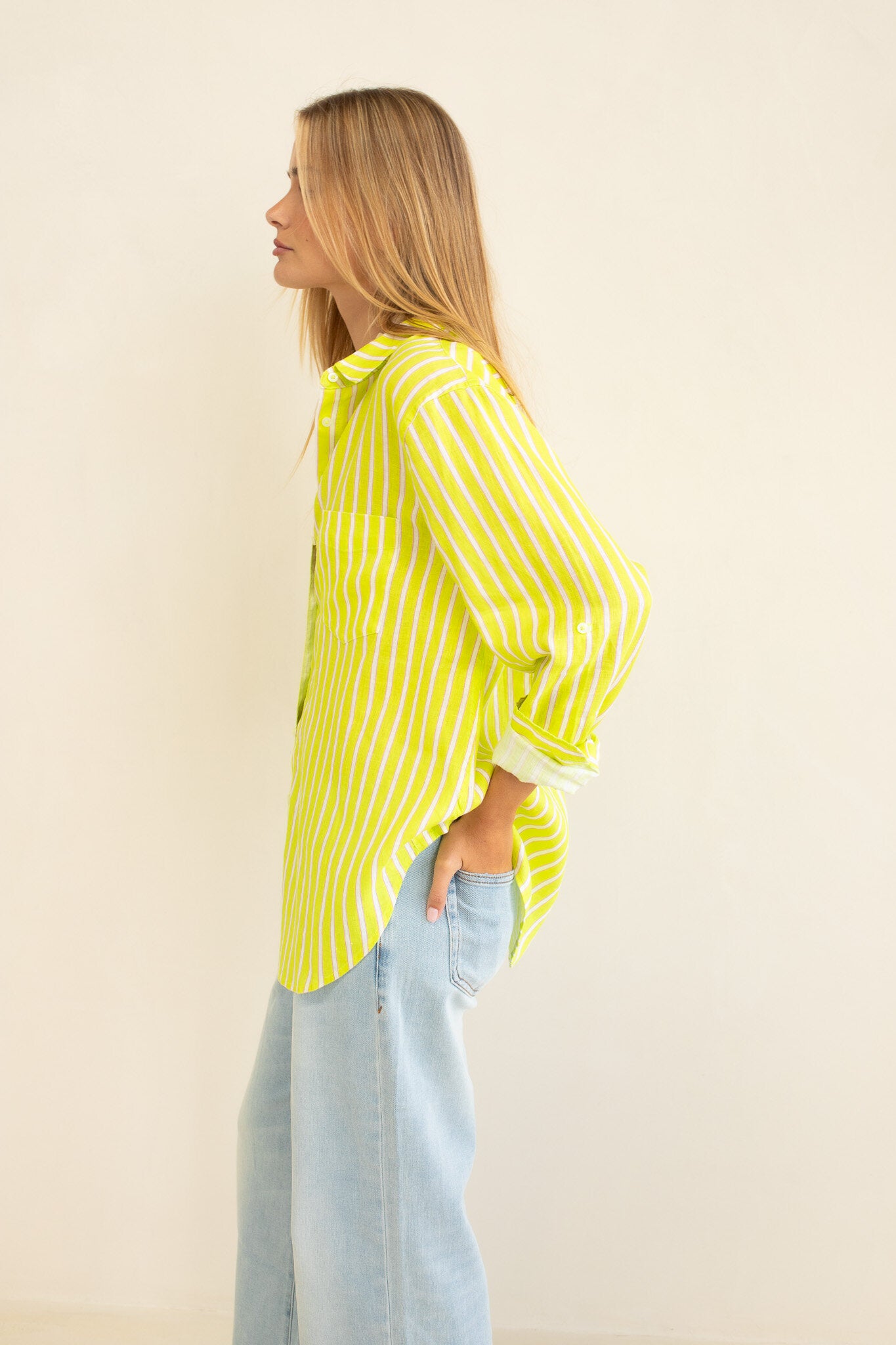 Piney Limey Stripe Boyfriend Linen Shirt by Hut Clothing, featuring a relaxed fit, lime green and white stripes, and lightweight fabric.