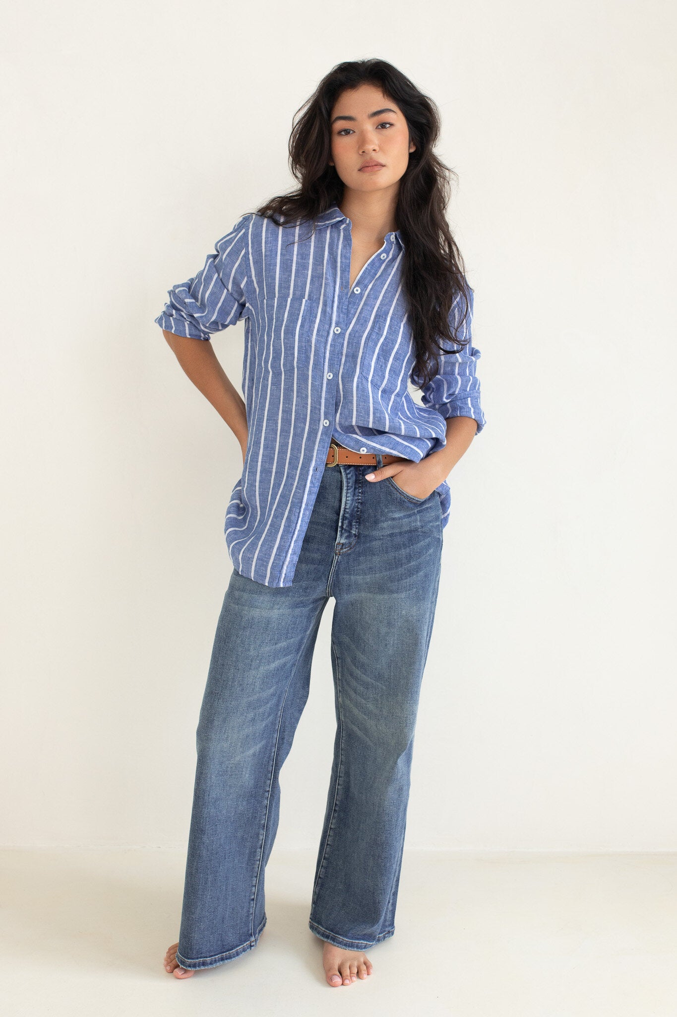 Marine stripe linen boyfriend shirt by Hut Clothing, featuring a relaxed fit and classic nautical blue and white stripes.