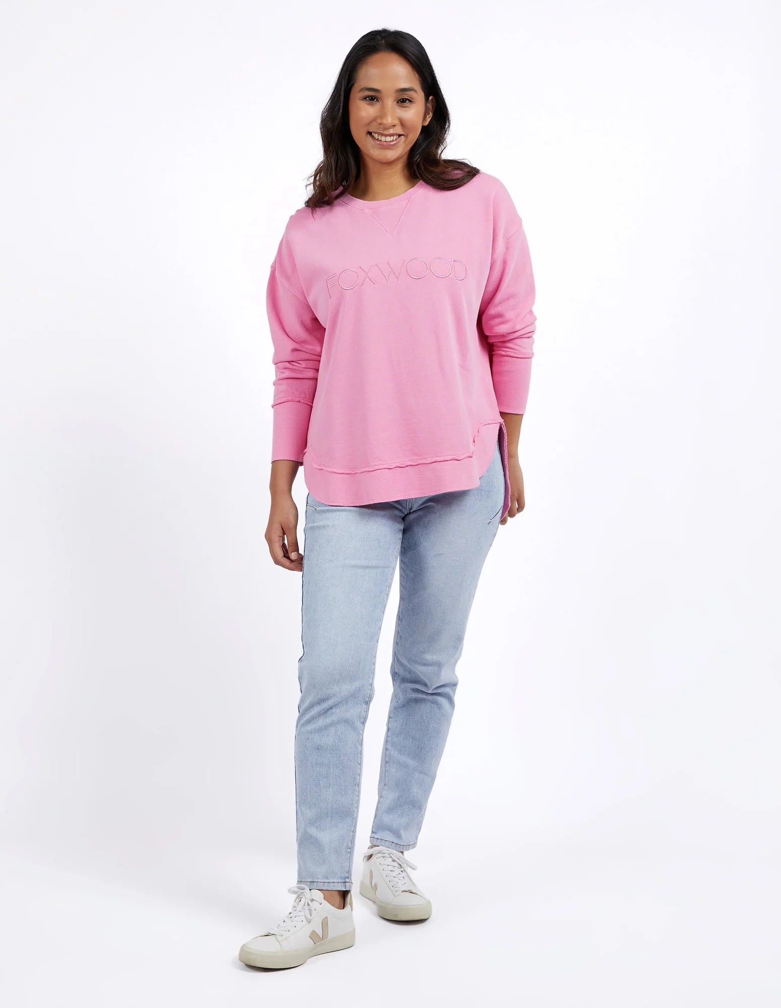 Foxwood Simplified Crew in Bubblegum Pink, a stylish knit sweater with a cozy fit and vibrant pink color.