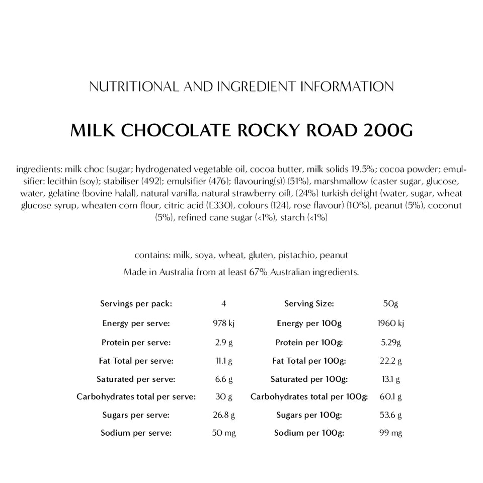 Milk chocolate Rocky Road in a 200g New Farm package with visible chunks of chocolate, marshmallows, and nuts.