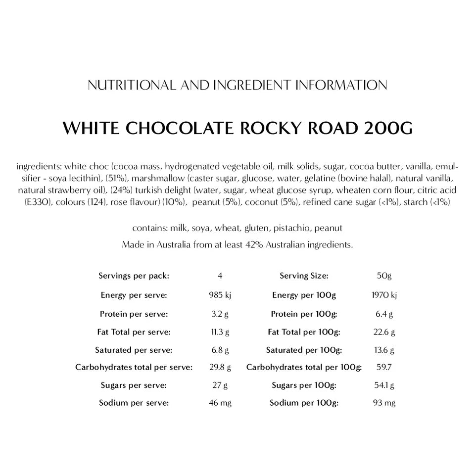 White Choc Rocky Road by New Farm in a 200g box with chunks of marshmallow, nuts, and white chocolate pieces.