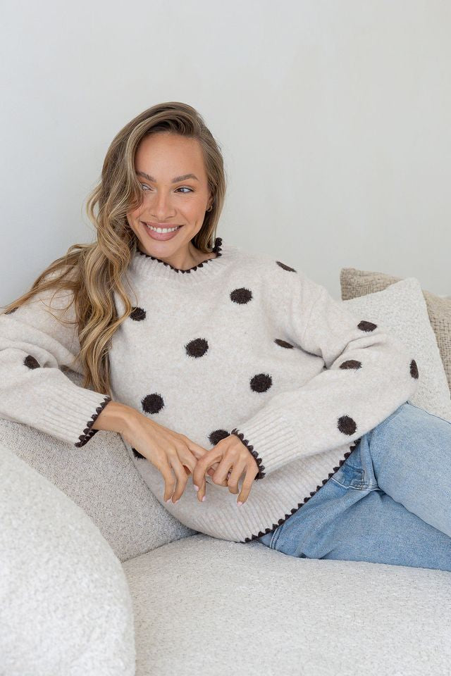 Polka Dot Blanket stitch knit - Chocolate/Oatmeal Cream