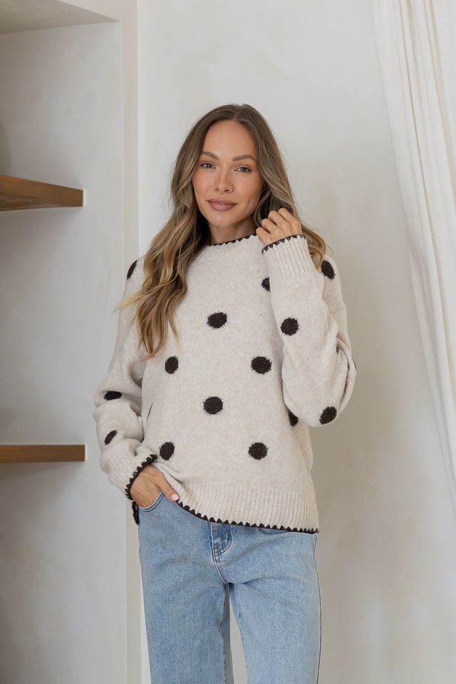 Polka Dot Blanket stitch knit - Chocolate/Oatmeal Cream