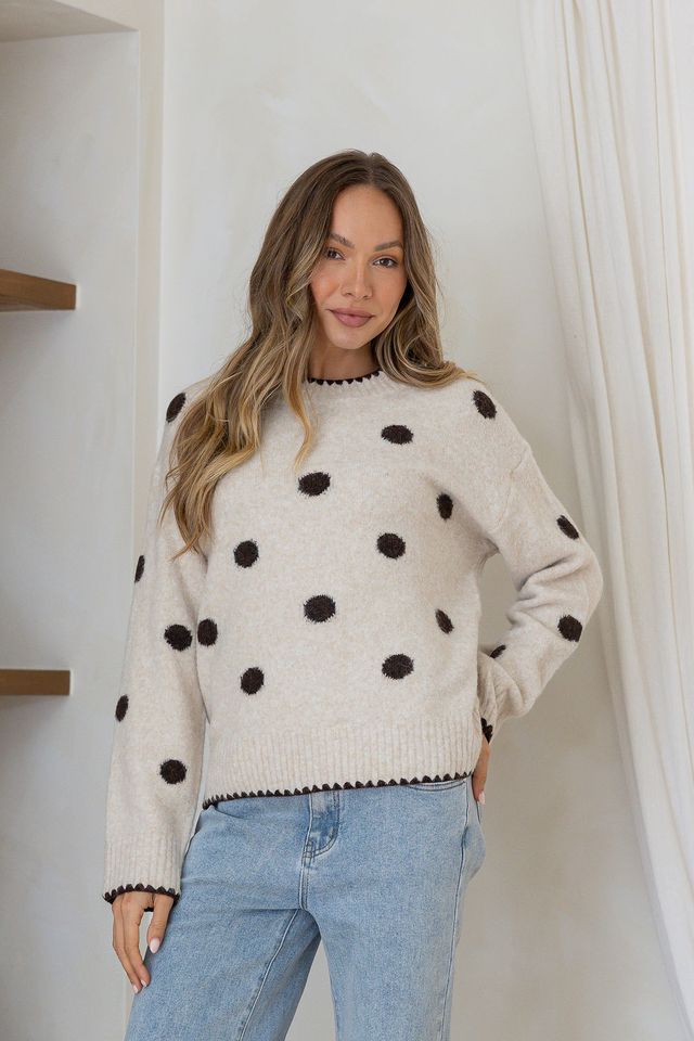 Polka Dot Blanket stitch knit - Chocolate/Oatmeal Cream