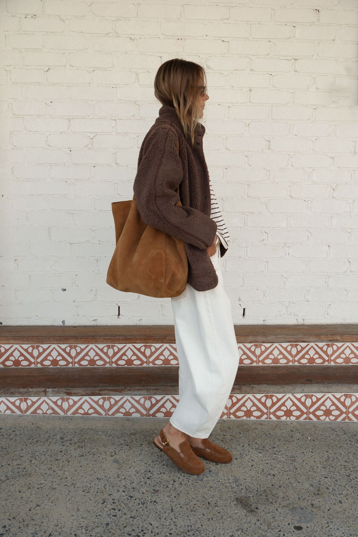 Chocolate Teddy Jacket by Ceres Life with soft plush fabric and cozy fit, shown on a model in a casual outdoor setting.