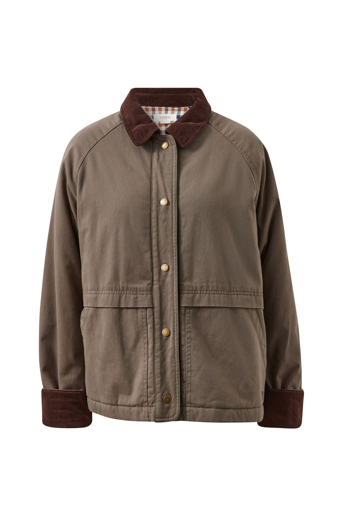 Miss Marlow Blair Barn Jacket in moss green, displayed on a hanger with a close-up of the textured fabric.